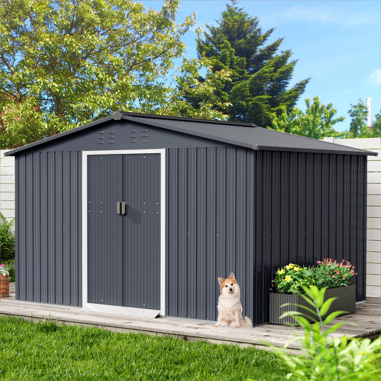 Acekool 10x12 FT Outdoor Metal Storage Shed, Large Garden Tool Shed with Lockable Door and Vents, Waterproof Galvanized Metal Sheds for Tools & Equipment, Garbage Can, Bike, Mower, Gray Acekool