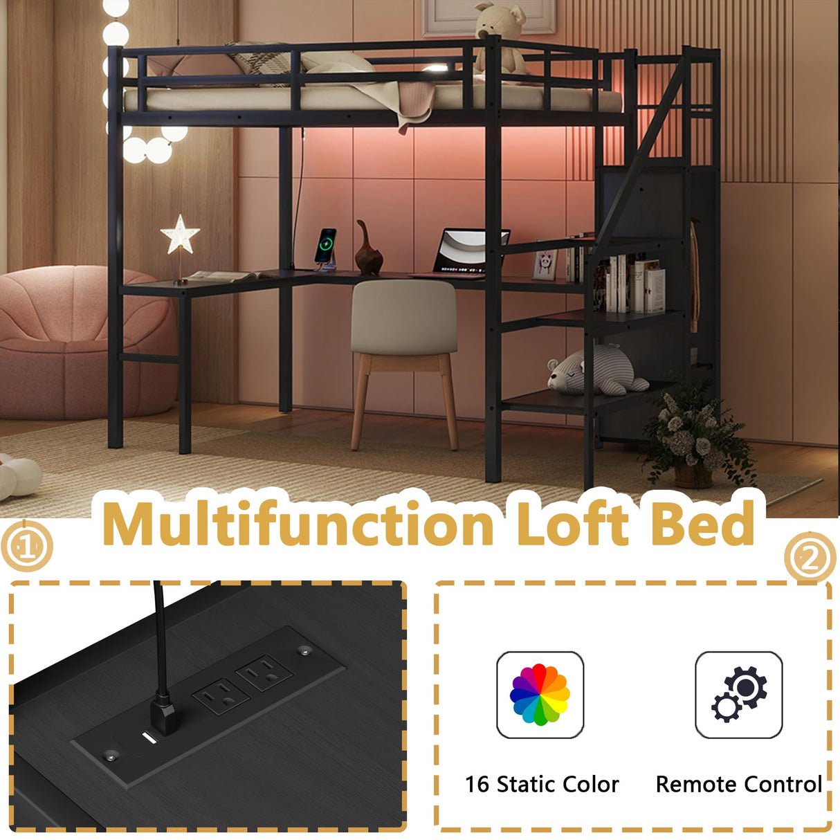 Full XL Loft Bed with Stairs and Wardrobe, Metal Loft Bed with Desk and Storage Stairs, RGB LED Loft Bed with Charging Station(USB Port, Outlets) (Full XL Loft Bed Black) Bellemave