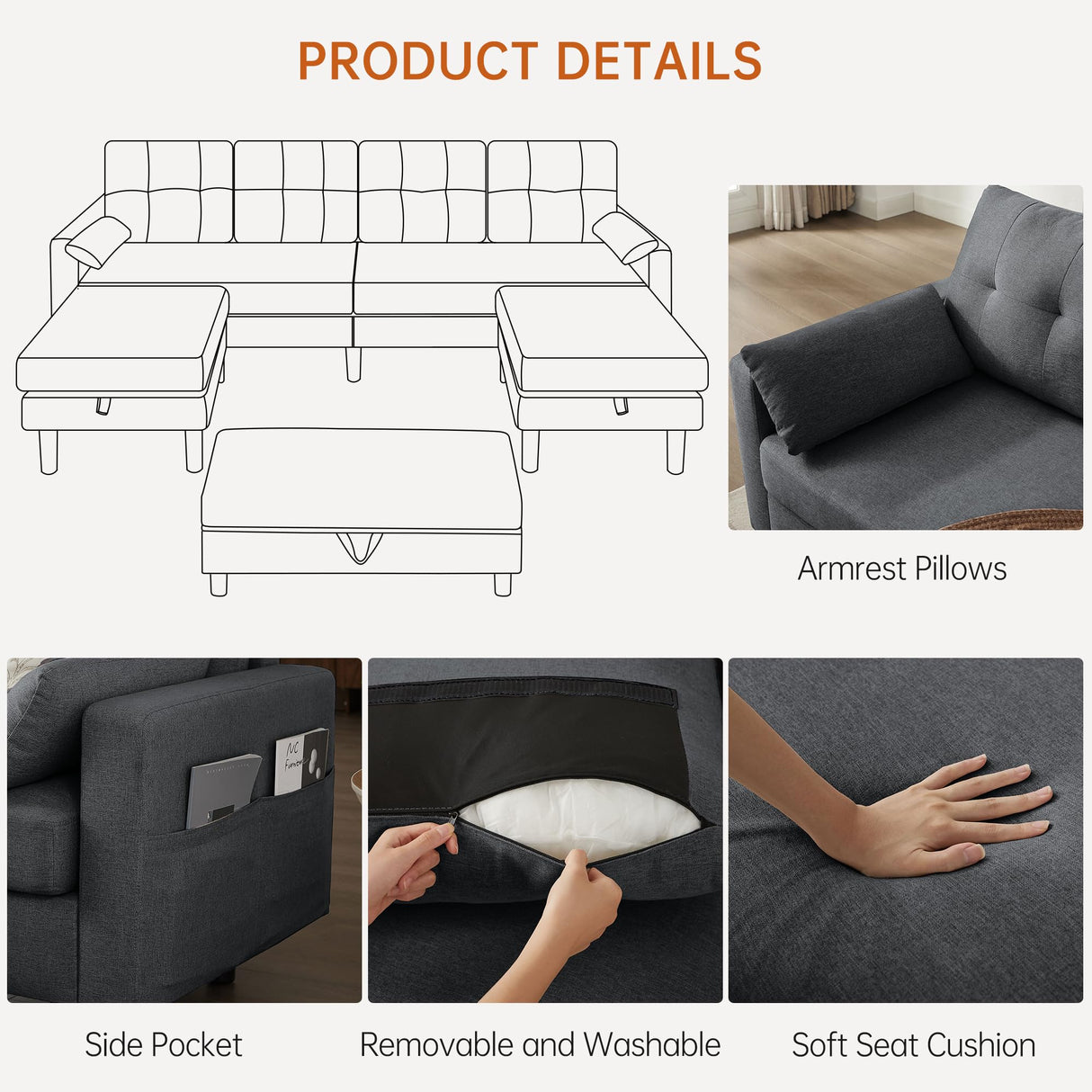 Convertible Sectional Sleeper Sofa with Storages, 100" U Shaped 4 Seater Couch with 2 Movable Ottomans and 1 Ottoman Bench Polyester Fibre for Living Room, Dark Grey Soscana