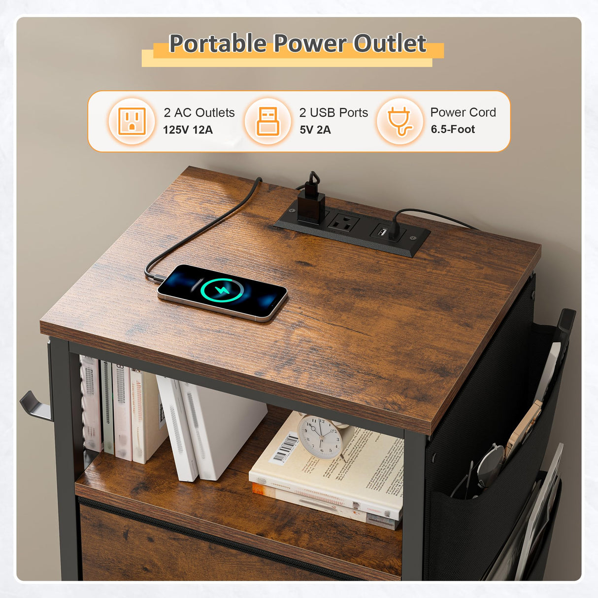 EnHomee Nightstand Set of 2, Night Stand with Charging Station & LED, Bedside Table with Fabric Drawers and Storage Shelf, Sturdy Steel Frame, Wood Top, Cloth Bags, Hooks, Brown EnHomee