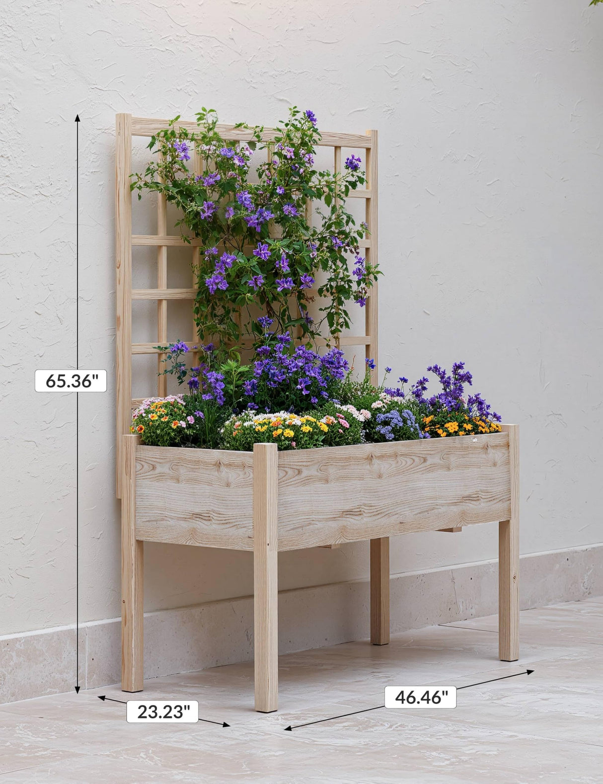 Raised Garden Bed with Legs for Outdoors, 46"x23"x65" Wooden Elevated Planter Box with Trellis, Planter Liner for Backyard, Patio, Balcony, Bed Liner for Climbing Plants, Flowers, Vegetables GarveeLife