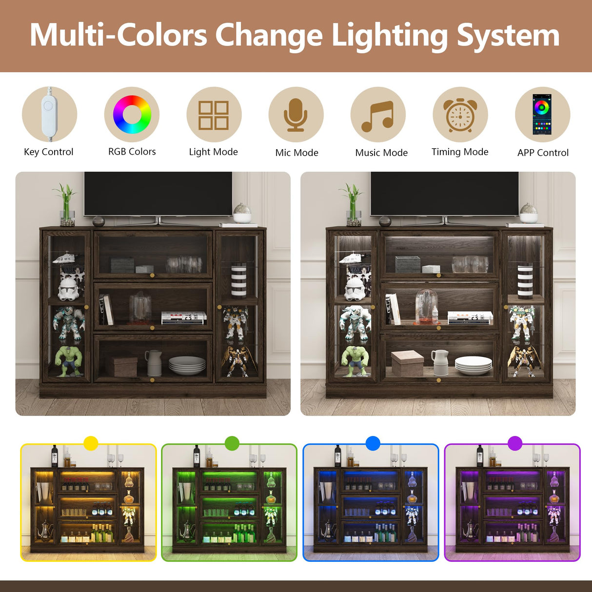 BONITURE Display Cabinet with Acrylic Glass Doors,Extra Wide Curio Cabinet with LED Lighting for Collectibles, Collectibles Toy Organizers Rack & Display Shelf Display Case, Walnut BONITURE