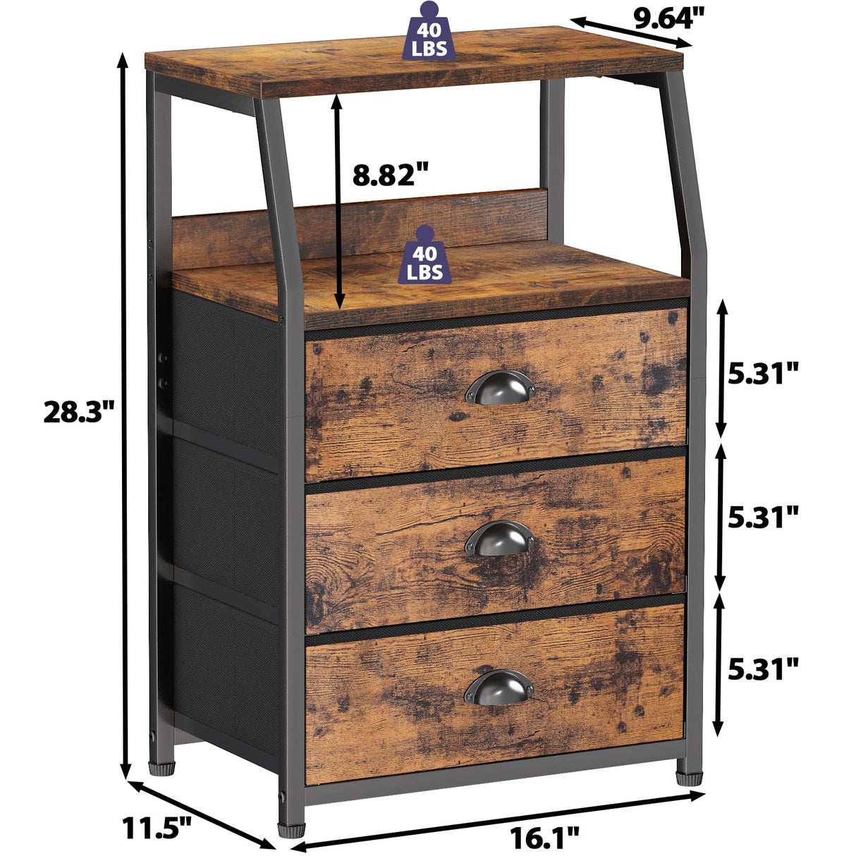 Furnulem Nightstand with 3 Drawers and 2-Tier Shelf, Fabric Small Dresser Organizer Vertical Storage Tower for Bedroom, Closet, Hallway, Nursery, End Table Side Furniture, Sturdy Steel Frame, Wood Top Furnulem