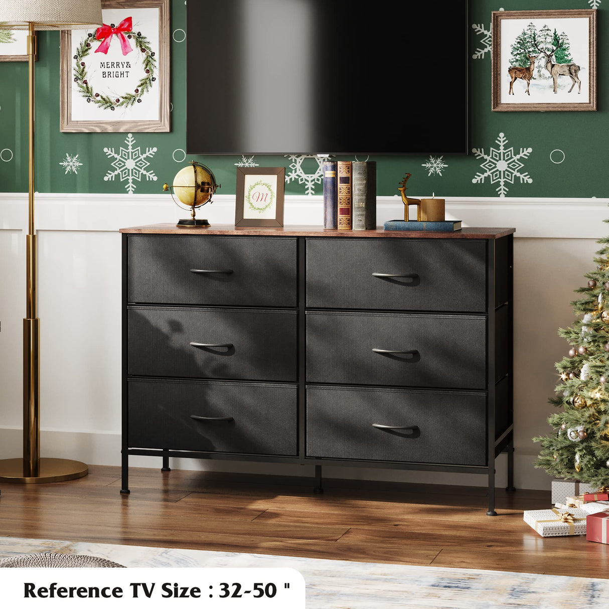 WLIVE Wide Dresser with 6 Drawers, TV Stand for 50" TV, Entertainment Center with Metal Frame, Wooden Top, Fabric Storage Dresser for Bedroom, Hallway, Entryway, Black and Rustic Brown WLIVE