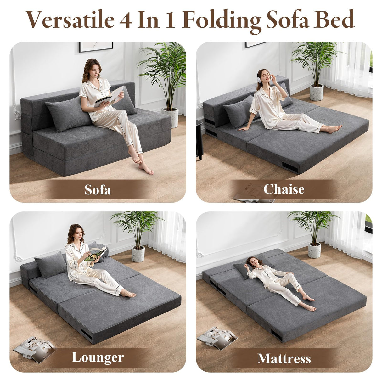 HOMFINE Folding Sofa Bed - Convertible Sleeper Chair with Pillow, Fold Out Couch, Memory Foam Floor Mattress, Futon Couch, Lazy Sofa for Living Room/Dorm/Guest Room/Home Office, Grey, Queen Size HOMFINE