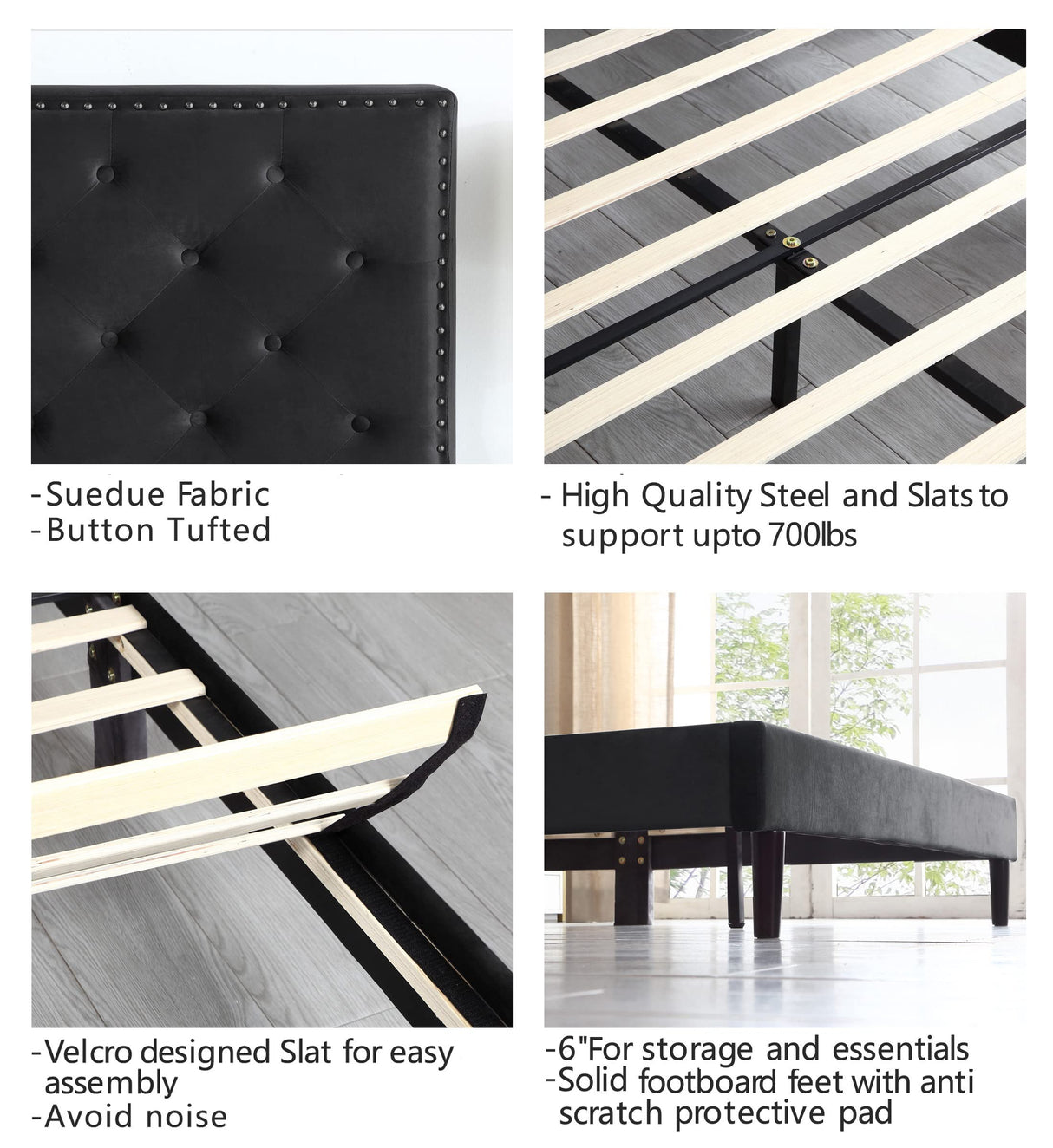 Full Upholstered Platform Bed Frame with 48" Tall Adjustable Headboard - Button Tufted Suede Velour Bed- Wood Slat Support with Storage Space- No Box Spring Needed - Black - OLIVER & SMITH - Princeton OLIVER & SMITH SINCE 1921