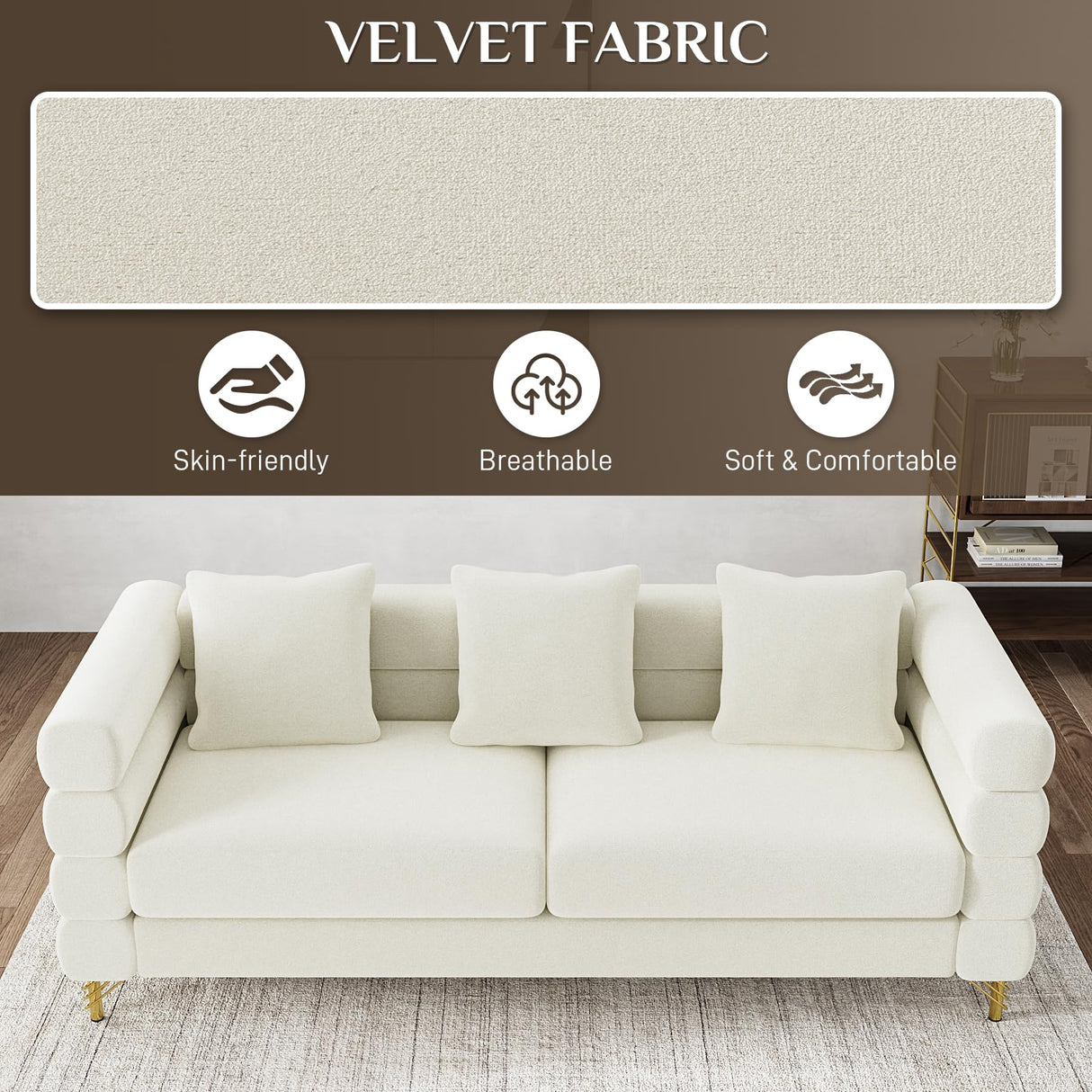 OUYESSIR Cloud Sofa Couch for Living Room, 79" Comfy Deep Seat Velvet Sofa with 3 Pillows and Gold Legs, Modern Upholstered 3 Seater Large Loveseat for Bedroom Office, White Velvet OUYESSIR