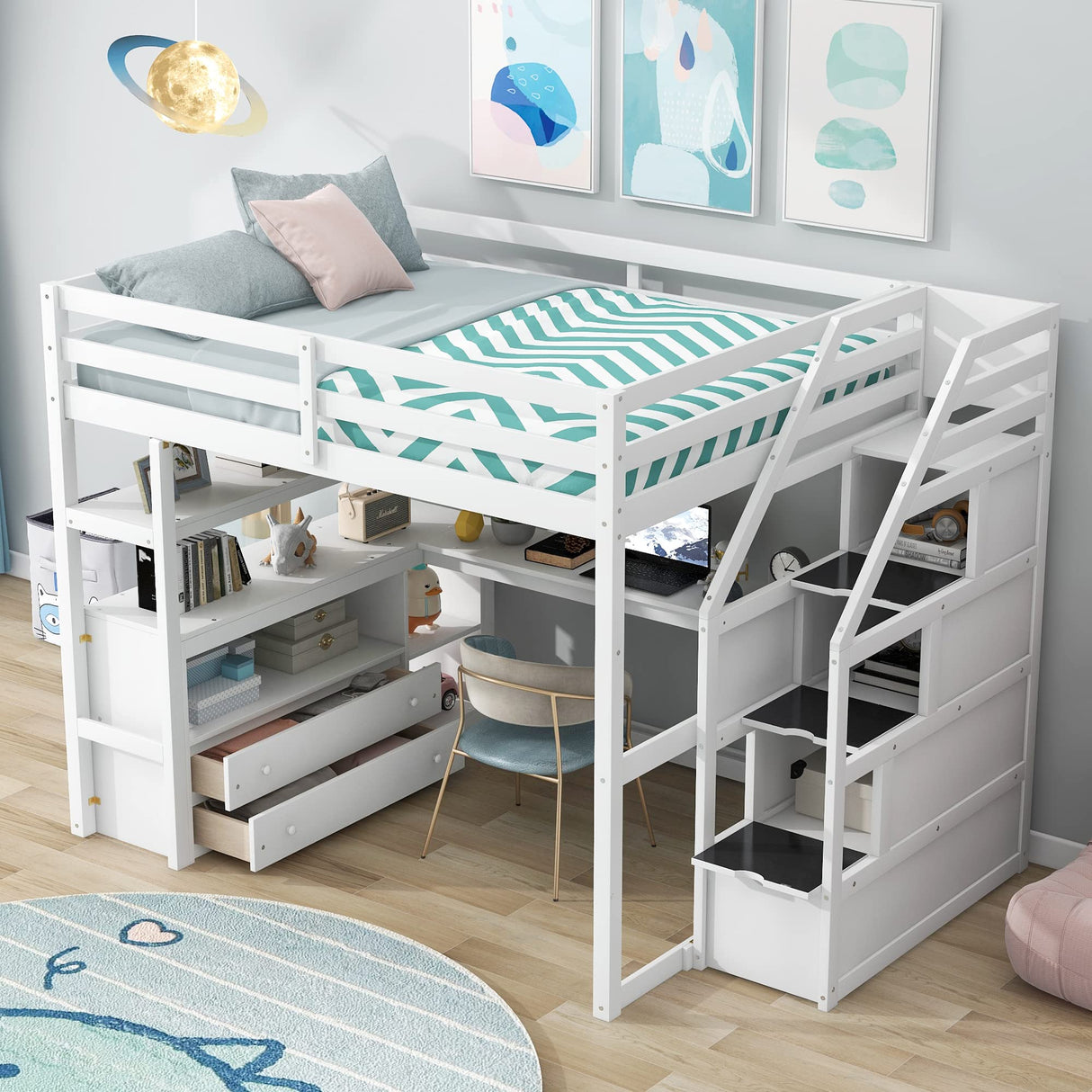 Harper & Bright Designs Full Size Loft Bed Frame with Stairs and Desk, Solid Wood Loft Bed with Storage Drawers and Bookshelf for Kids Teens Adults - White Harper & Bright Designs