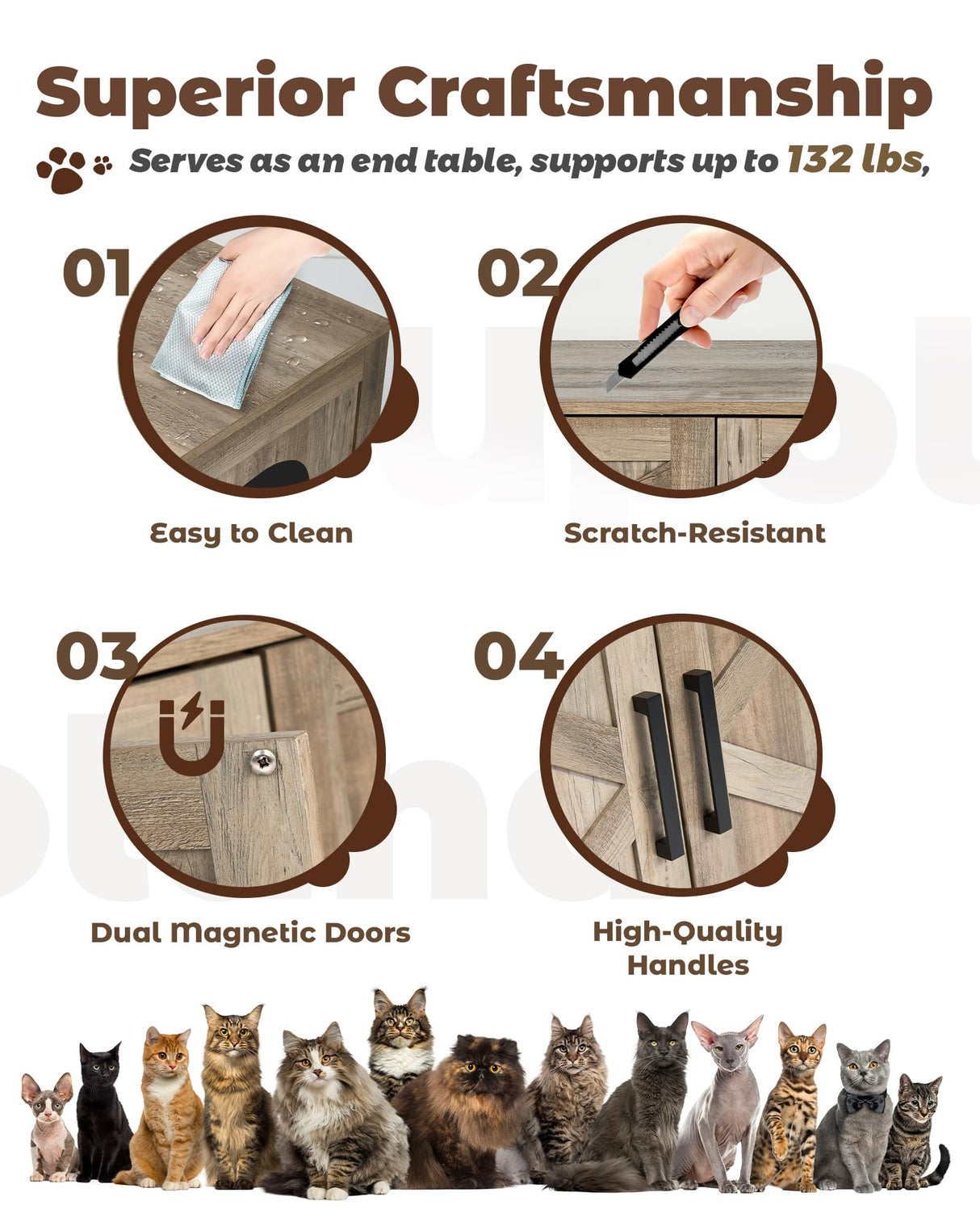 Upolana Cat Litter Box Enclosure, 48 inch Large Hidden Litter Box Furniture for 2 Cats, Double Wooden Kitty Litter Box Cabinet End Side Table, Greige Upolana