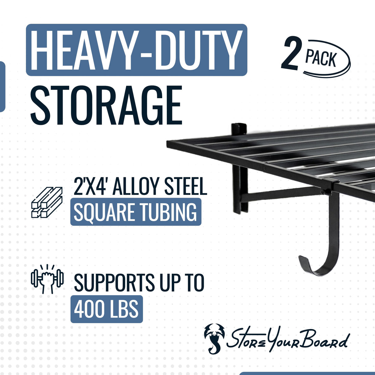 StoreYourBoard 2 Pack Heavy Duty Garage Wall Shelves, 2' x 4' Wall Mount Storage Shelf with Hooks, Holds 200 lbs Each StoreYourBoard