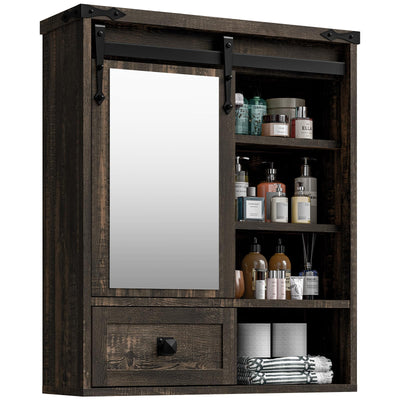 Bathroom Wall Cabinet, Farmhouse Medicine Cabinet with Sliding Mirror Door and Adjustable Shelves, Over The Toilet Space Saver Storage Cabinet with Towels Bar, Wall Mounted Cupboard