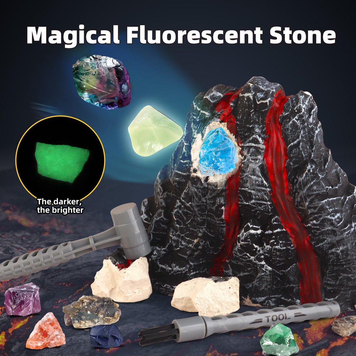 Woumserta Volcano Dig Kit - 10 Rocks Excavation Kit, Gemstone Rocks for Kids, Fossil Volcano Toys Dig Kits for Rocks Collection, Volcano Toys for Boys Girls and up Year Old Birthday Gifts Woumserta