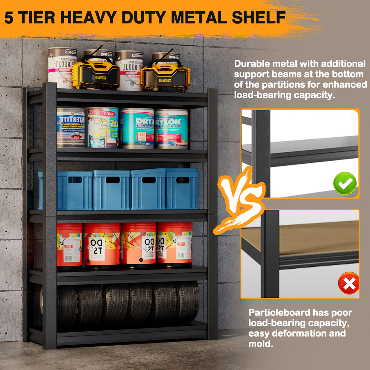 BEESTMUEBLE 5 Tier Garage Shelving, Heavy Duty Storage Rack, Adjustable Metal Shelf Units, Industrial Warehouse Shelves, 47.2" W x 18" D x 78" H BEESTMUEBLE