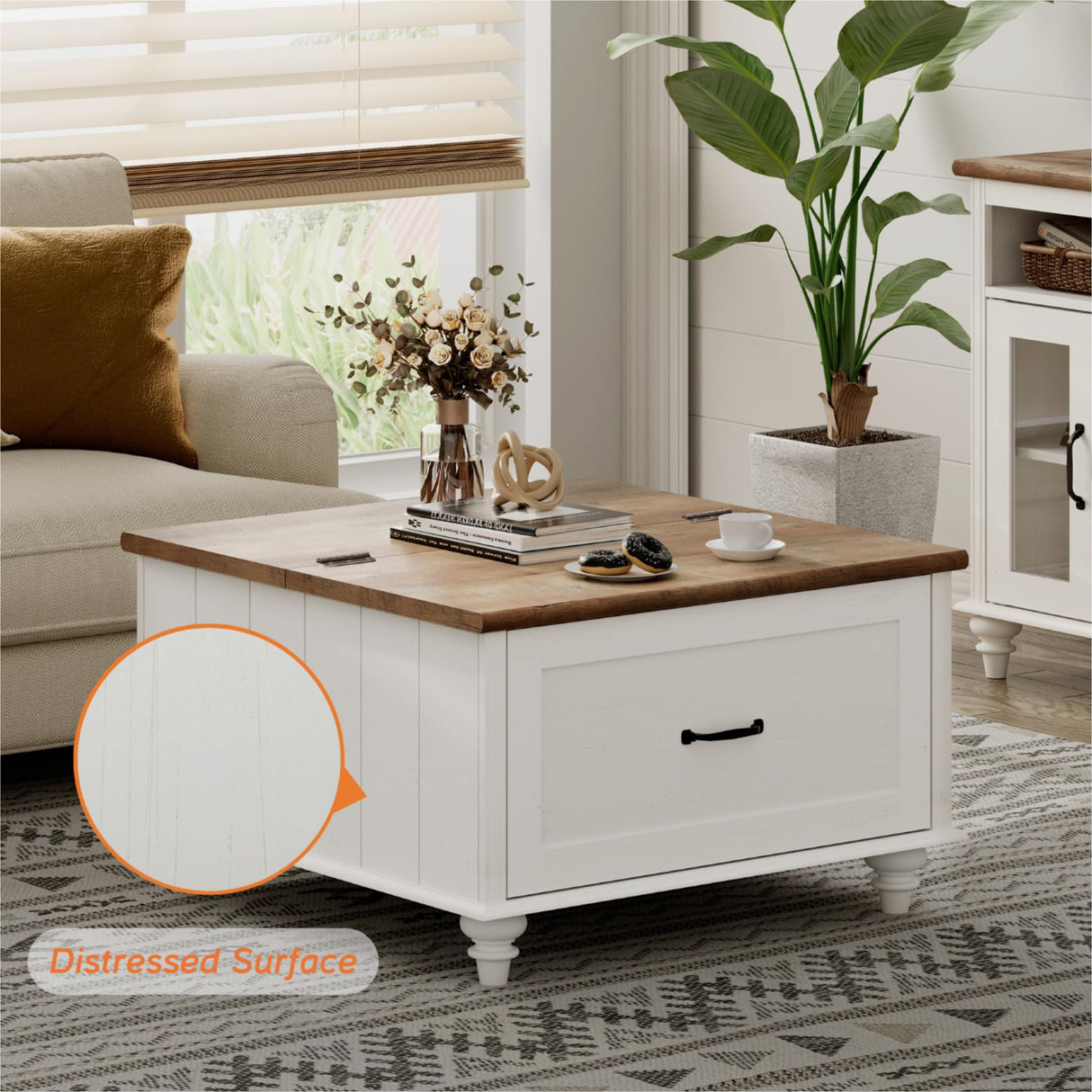 WAMPAT White Coffee Table with Lift Top & Drawer, Square Wood Center Table with Hidden Storage Compartment, Farmhouse Coffee Table for Living Room, 30 Inch WAMPAT