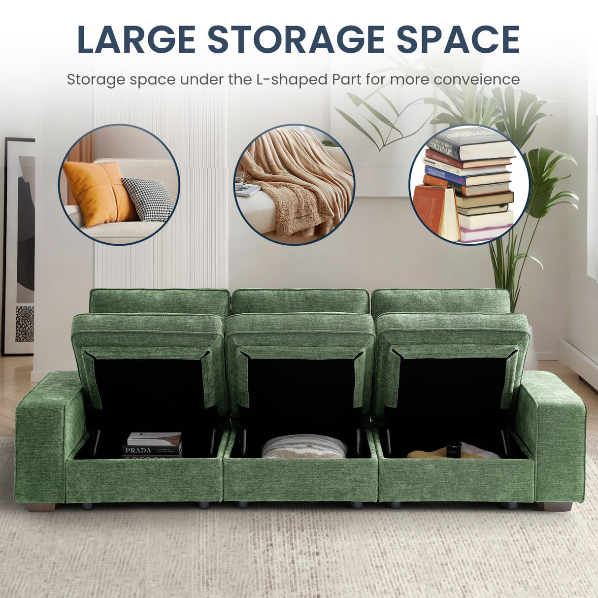 TEKAMON 100" Modular Sofa with Seats Storage, Comfy 3-Seater Chenille Fabric Couch for Living Room, Office, Apart W/Deep Seat, USB Charging, Upholstered Couch with Removable Cover(Green) TEKAMON