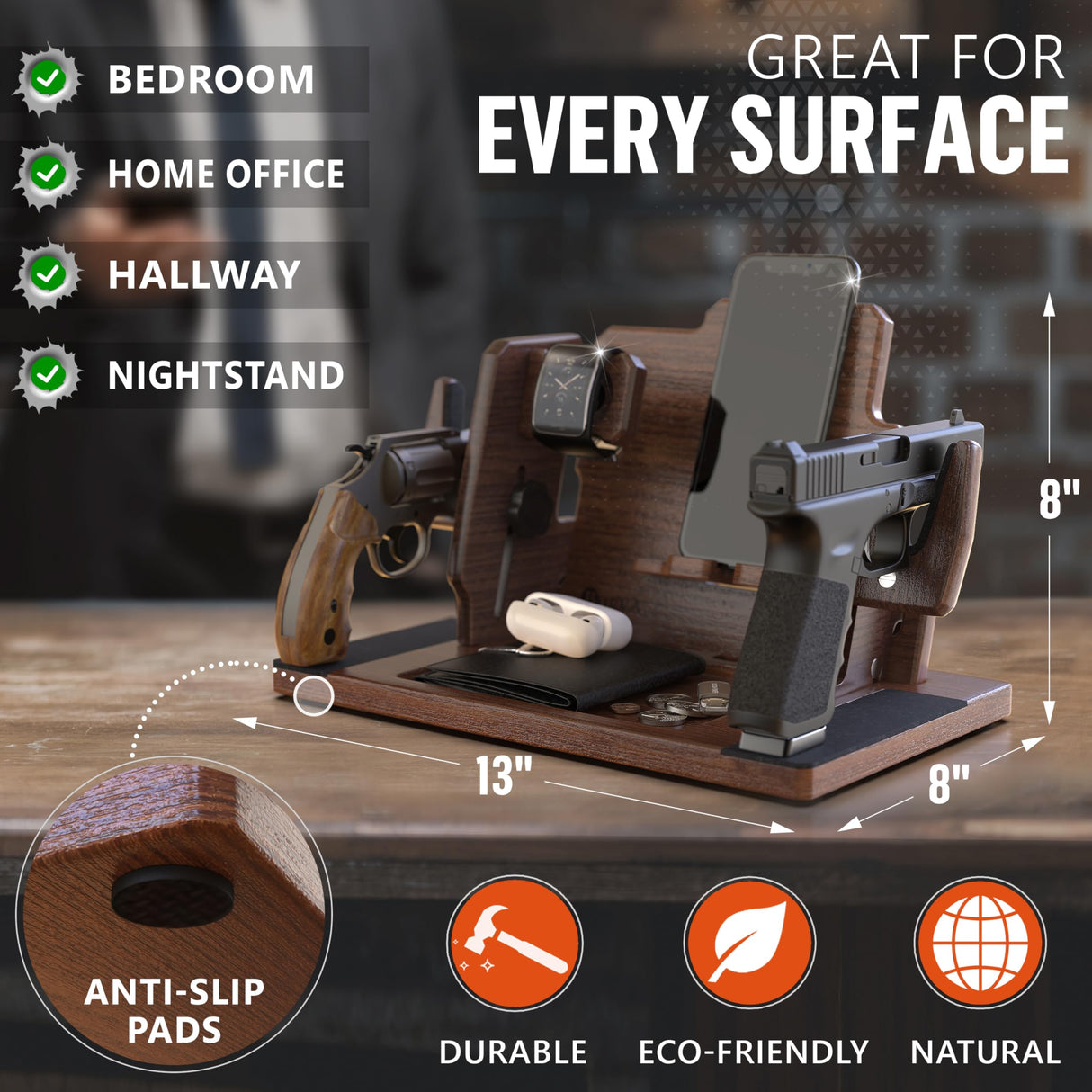 BarvA 2 Adaptive Wood Gun Racks Phone Docking Charging Station Gifts for Men Dad Birthday Ideas Nightstand Organizer Charging Dock Watch Charging Stand Wallet Key Gadget Device Bedroom Bedside Holder BarvA