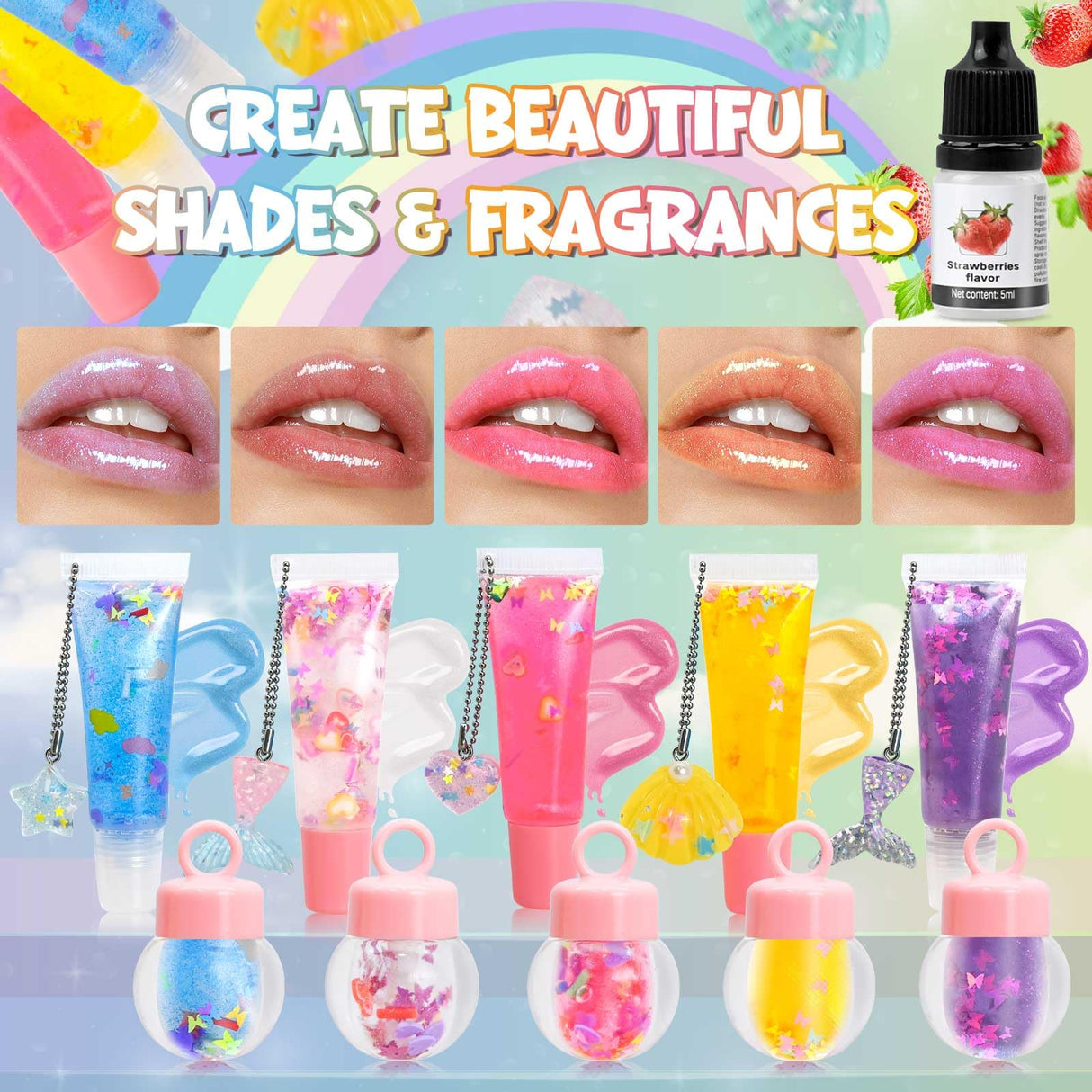 Jcoos Lip Gloss Making Kit - 73PCS Keychain DIY Lip Gloss, Shimmery Moisturizing Lip Glaze Handmade Set, Fun Craft Kit for Beginner, Women, Kids, Tween, Preteen, Teens Girl Gifts Trendy Stuff Jcoos