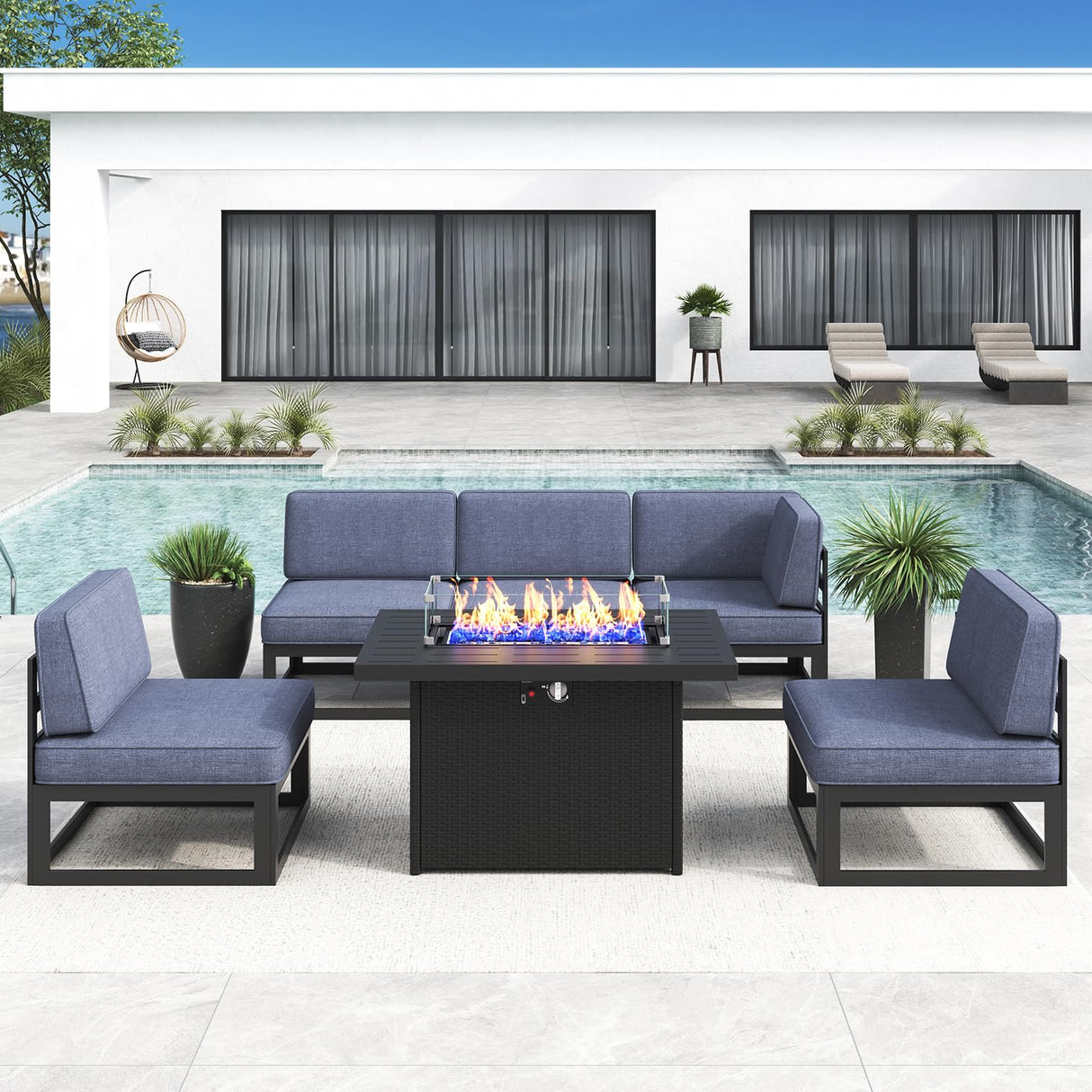 LayinSun Large Aluminum Patio Furniture Set with Fire Pit Table, 6 Pieces Modern Outdoor Conversation Set Sectional Metal Sofa Set with Olefin Cushion LayinSun