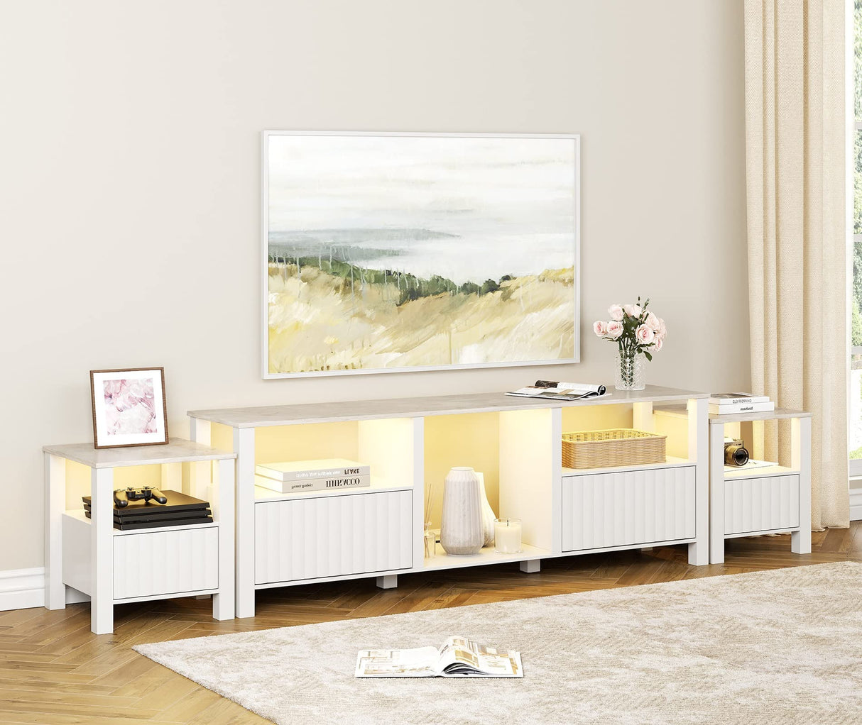 WAMPAT Large TV Stand for 95 Inch TV, White Entertainment Center for 80-100 Inch TV with LED Light & Cubby, White Television Stands with Faux Marble Tabletop for Living Room Bedroom Office WAMPAT