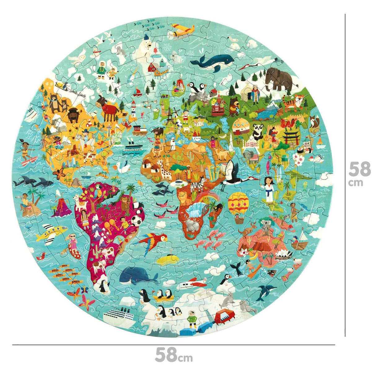 boppi World Map Round Jigsaw Puzzle with 100% Recycled Card 150 Pieces with Animals for Children 5 6 7 8 Years 58cm Diameter boppi