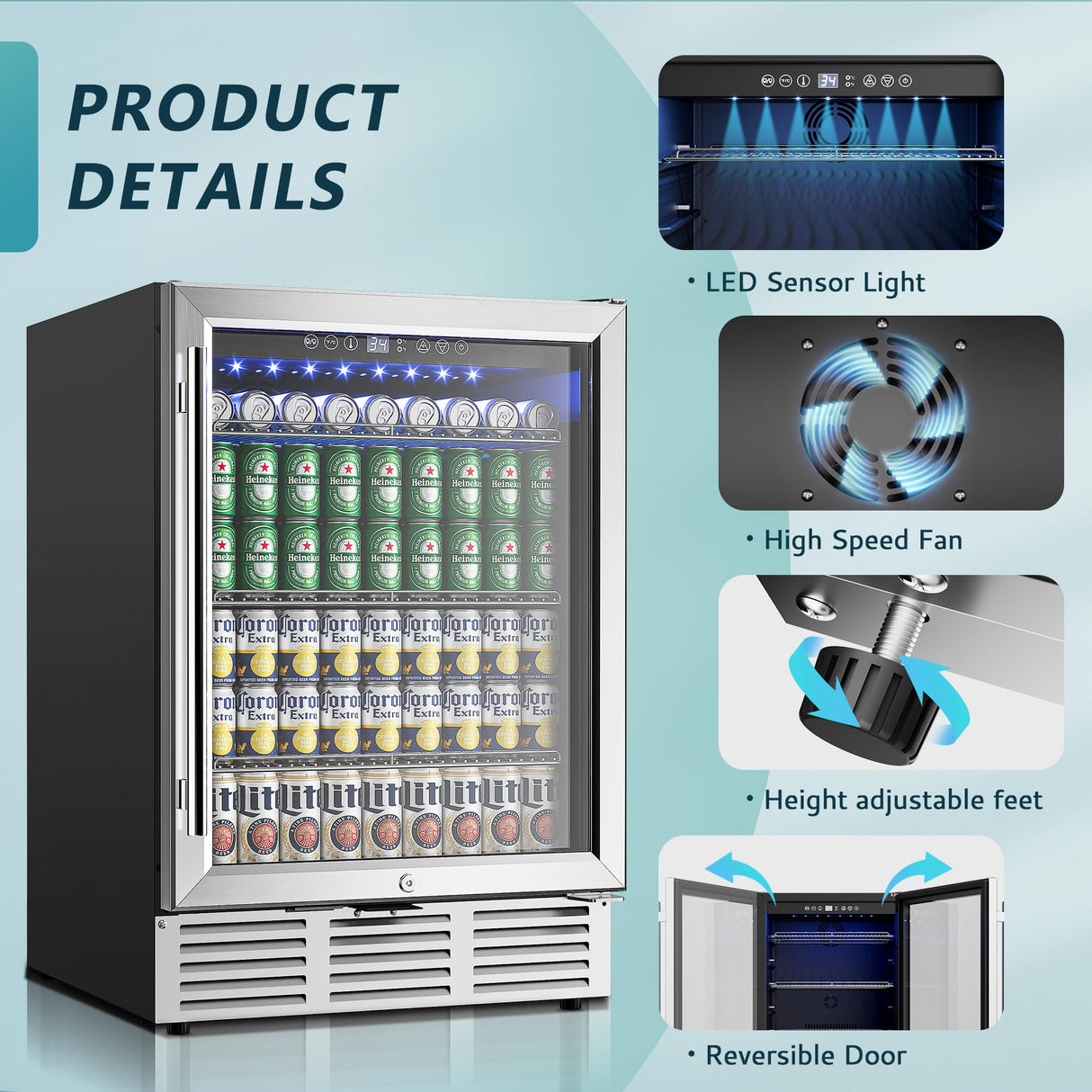 EUHOMY 24 Inch Beverage Refrigerator, 180 Can Built-in Beverage Cooler, Under Counter Beer Fridge with Glass Door for Soda, Water, Wine - For Kitchen, Bar or Office EUHOMY