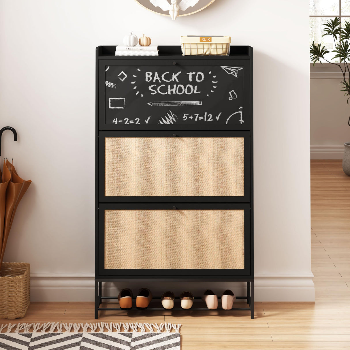 AVZEAR Shoes Cabinet, Narrow Shoes Storage Cabinet with 3 Flip Drawers, Free Standing Shoe Racks Organizer Farmhouse Tipping Bucket with Blackboard, Shoes Cabinet Storage Entryway Hallway, Black AVZEAR