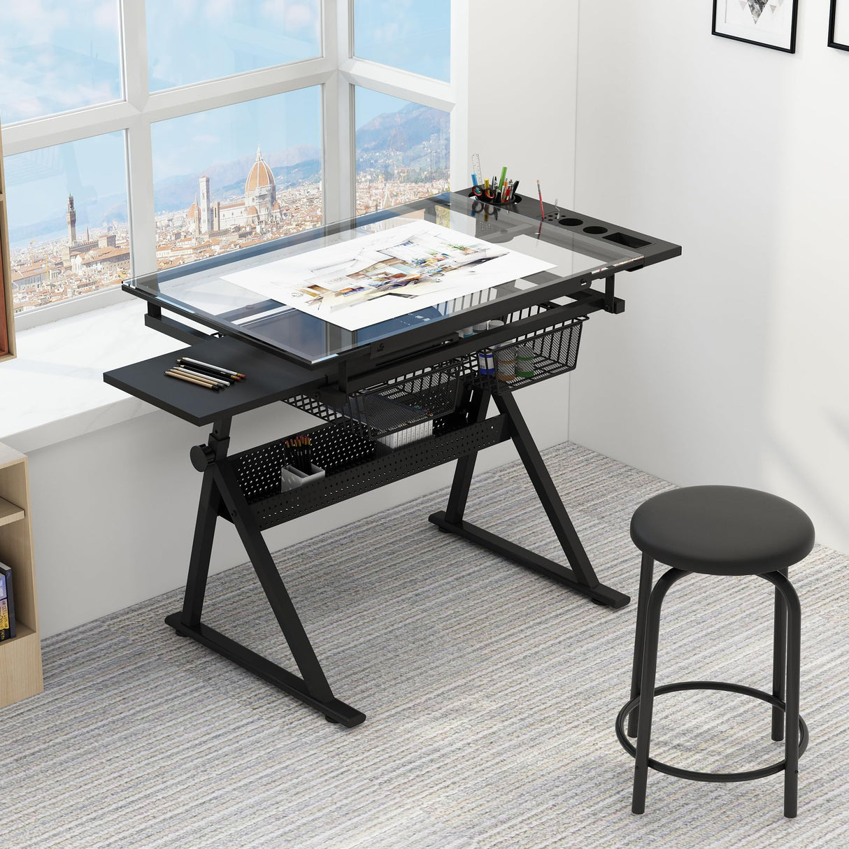 ZephyPaws Glass Drafting Table and Stool Sets, Adjustable Height Drawing Table Art Craft Artist Desk Tilting Glass Tabletop with 2 Storage Drawers for Home Office (Black) ZephyPaws