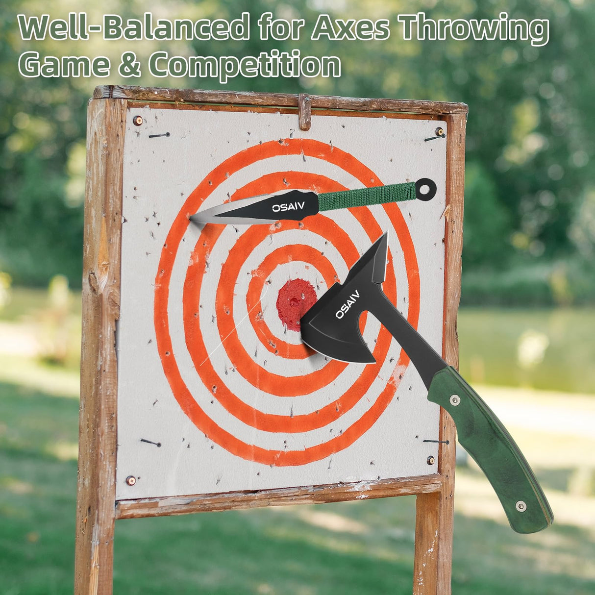 OSAIV Throwing Axes Set, Full Tang Stainless Steel Well Balanced Hatchet with Wooden Handle, 8.8in Double Bit Axe for Backyard Recreation and Competition, 3 Pack with Storage Bag and Whetstone osaiv