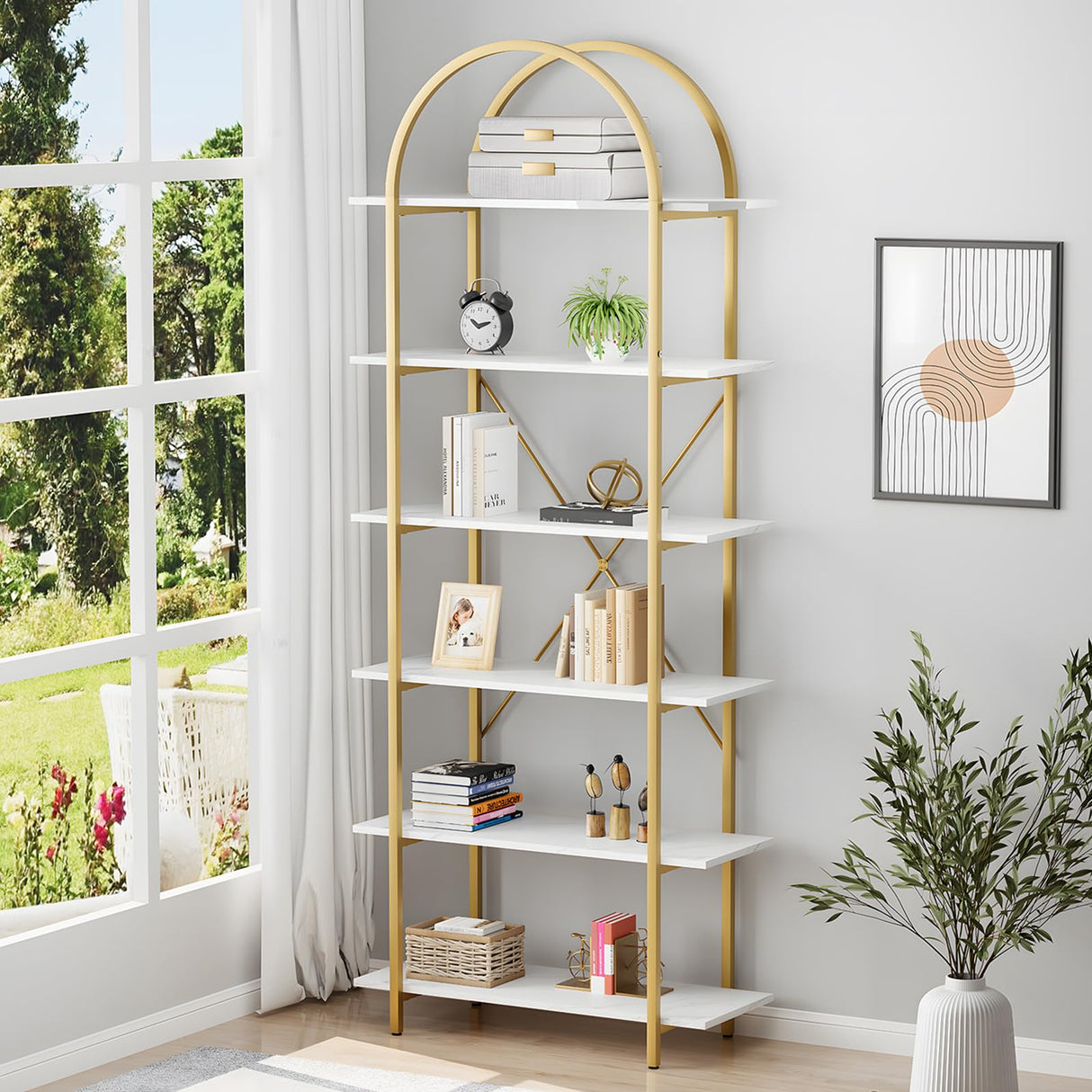 Arbuxzuy 6 Tier Bookshelf, 83" Tall Arched Bookcase, Tall Book Shelf with Metal Frame, Modern Display Standing Shelf for Living Room, Home Office, Bedroom, Gold