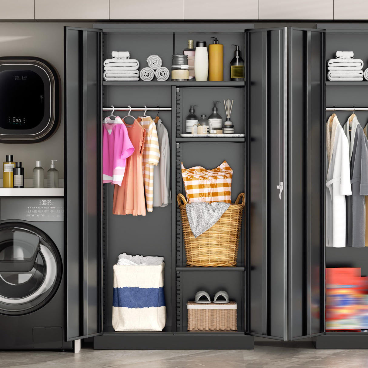 Greenvelly Metal Wardrobe Cabinet with Locking Doors, 72"H Black Metal Wardrobe Closet with Hanging Rods and Adjustable Shelves, Clothing Storage Closet for Home, Office, Employee, Gym (18" D x 36” W) Greenvelly