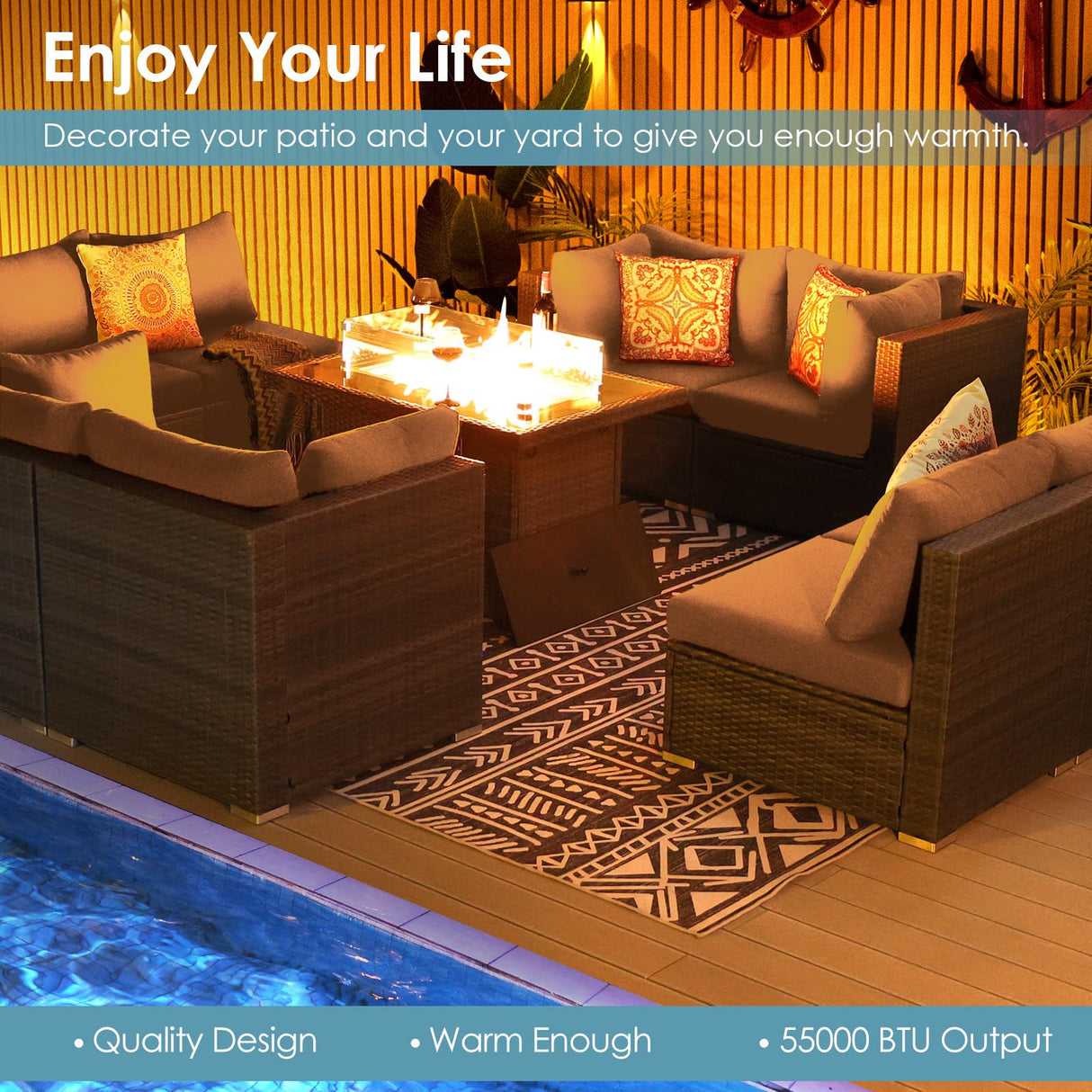 RADIATA PE Wicker Patio Furniture Set Sectional High Back Large Size Sofa Sets with Propane Fire Pit Table 55000 BTU Balcony Rattan Lounge Conversation Sets for Outdoor (13 Pieces,Light Gray) RADIATA