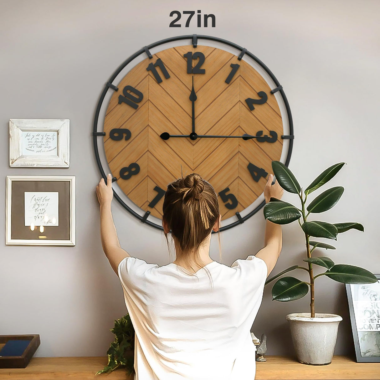 Micasso Large Farmhouse Wall Clock: 27 Inch Rustic Antique Wood Silent Battery Operated Clock with Metal Circle and Large Numerals for Living Room/Bedroom/Office Micasso