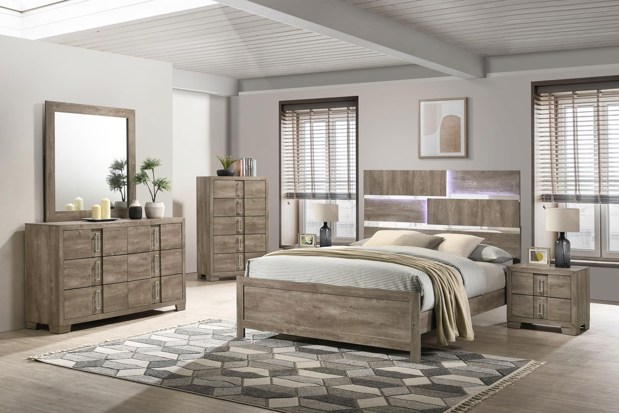 Kings Brand Furniture Dawson Modern 6-Piece Queen Size Farmhouse Style Bedroom Set in Light Brown Finish - Bed with LED Lights, Dresser, Mirror, Chest & 2 Nightstands Kings Brand Furniture