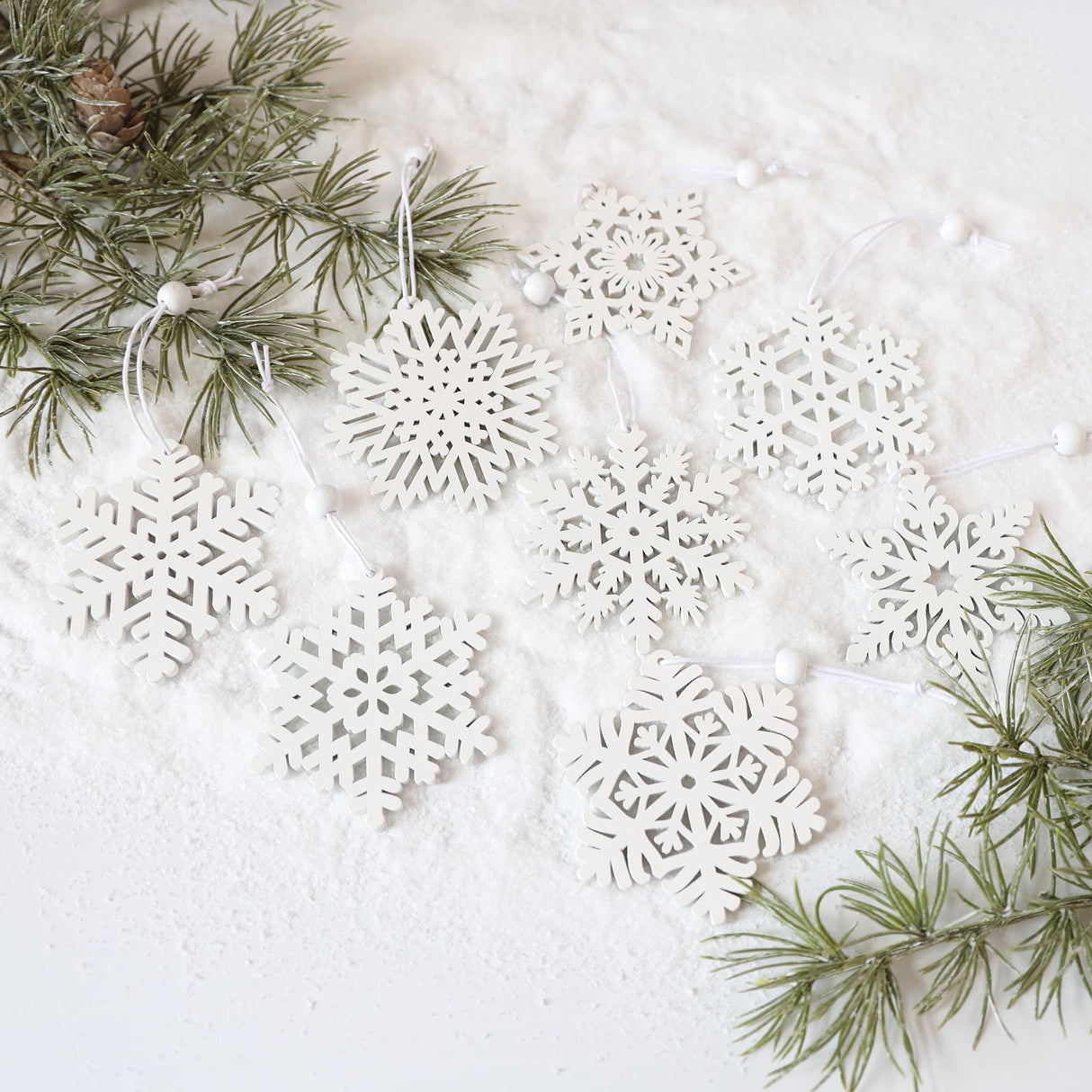 16 Pieces White Snowflakes Ornaments 3inch Wooden Snowflake Christmas Ornament for Winter Home Tree Garland Christmas Decoration Holiady Crafts 8 Styles HUADODO
