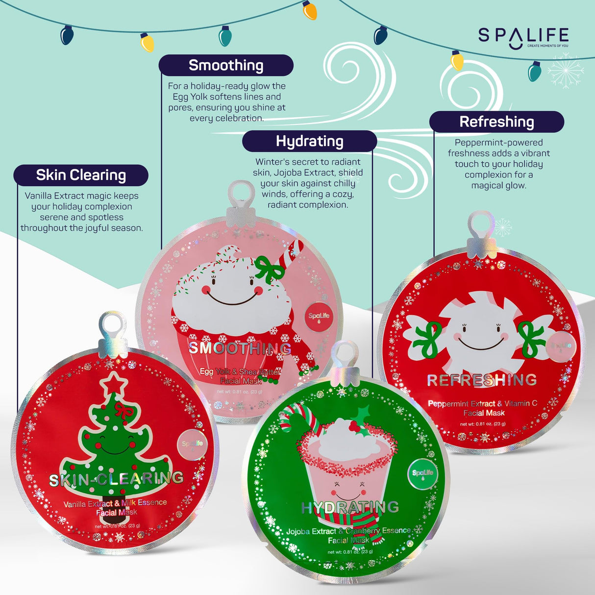 SpaLife Christmas Stocking Stuffer Facial Masks 12-Pack - Hydrating, Smoothing, and Refreshing Skin-Clearing Face Sheet Masks - Skincare Set for Moisturizing and Soothing Beauty SpaLife