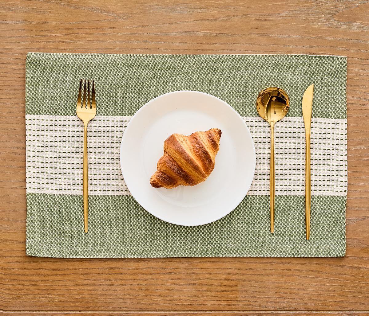 Wracra Linen Placemats, 12 x 18 Inch Set of 4 Placemats, Farmhouse Macrame Place Mats for Kitchen Table and Heat Resistant-Hemstitch Sage Green 4PCS Wracra