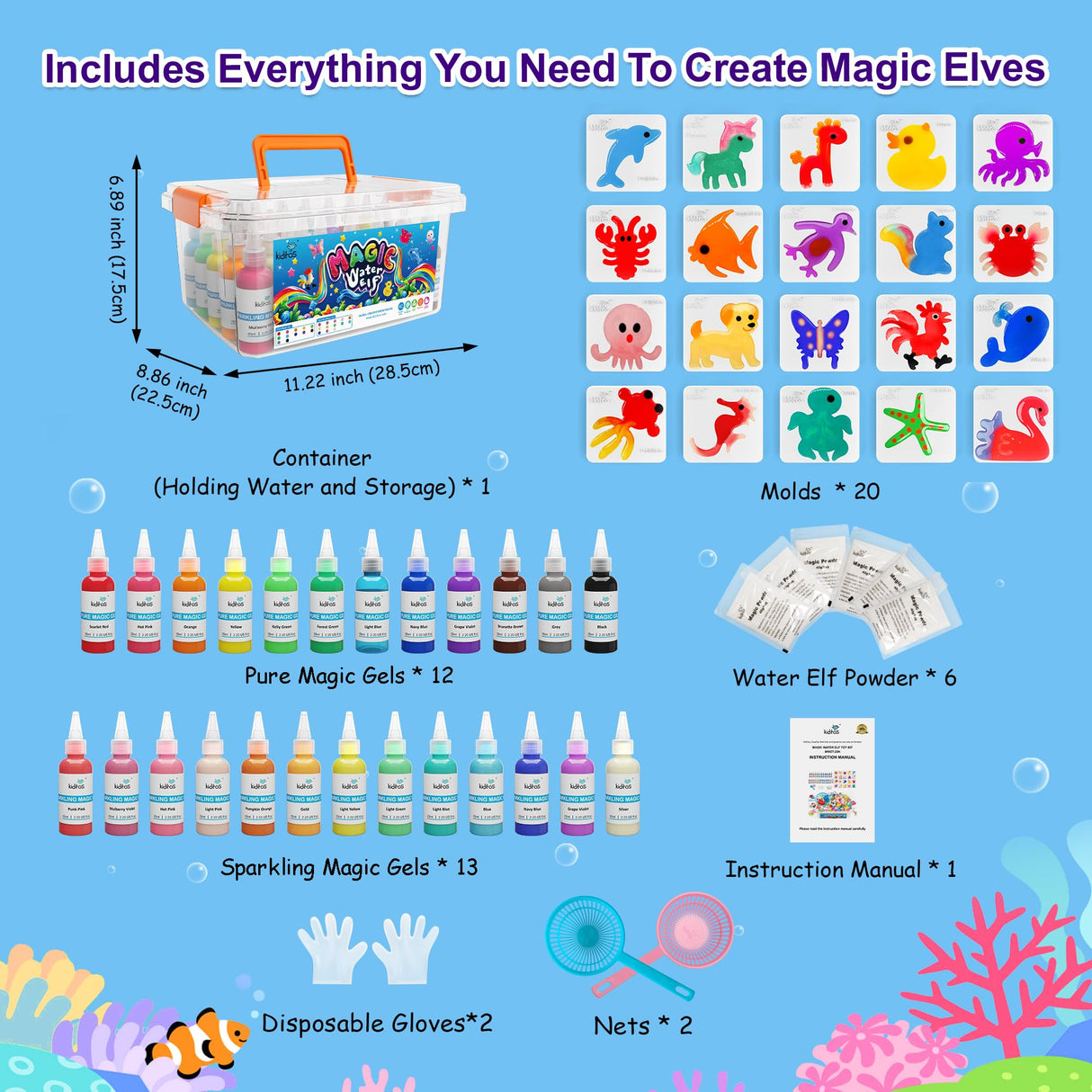 Kiditos Magic Water Elf Toy Kit, Aqua Fairy Water Gel Kit-25 Magic Gesl&20 Molds–Make Your Own Water Pets & Squishy Toys–Fun Summer DIY Craft Kit, Birthday Gifts & Party Favors for Kids Ages 3+ Kiditos