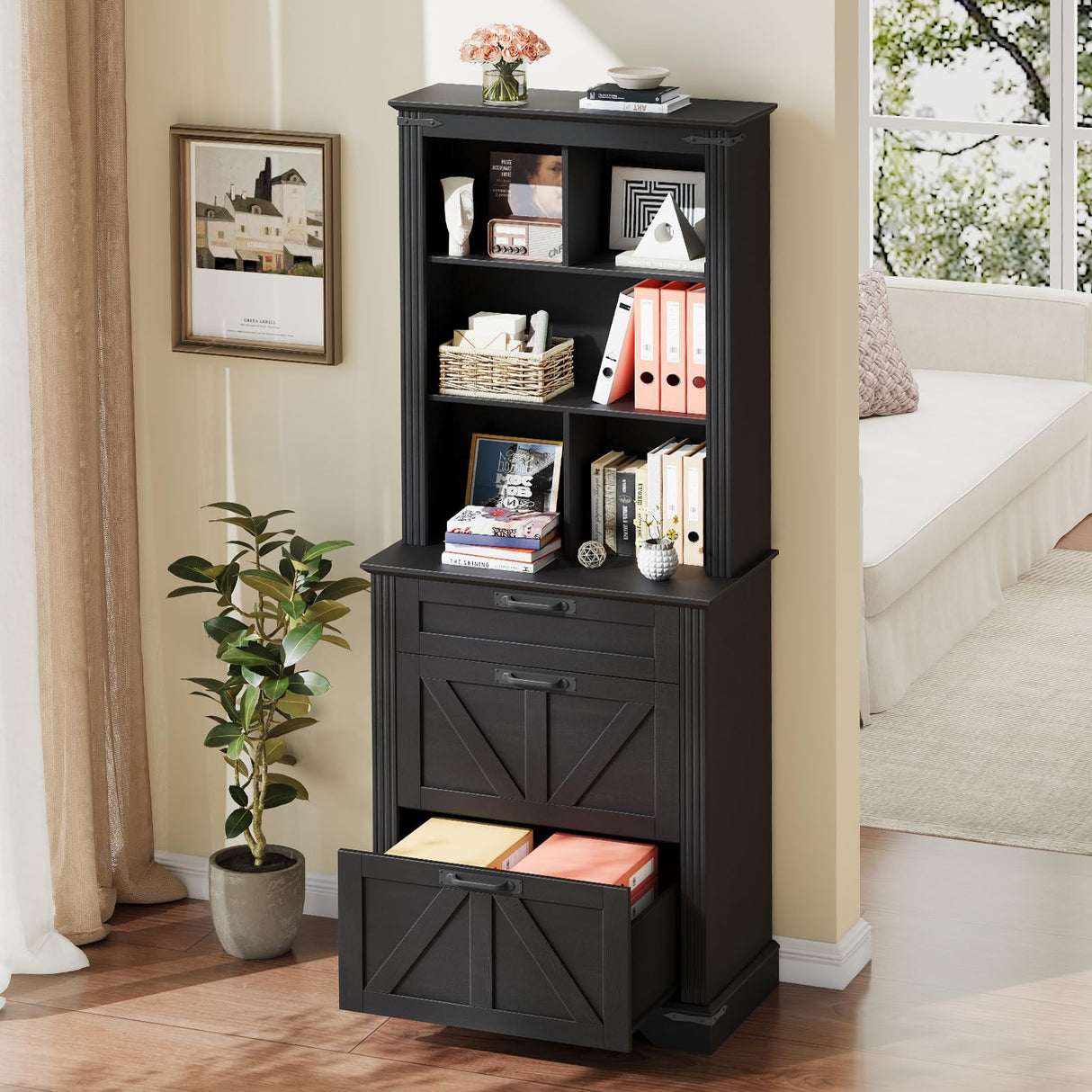 Vabches Farmhouse Bookshelf with 3 Large Drawers, 70" Tall Bookcase with 5-Cube Storage Organizer, 3 Tier Wood Display Storage Cabinet for Home Office, Living Room, Rustic Black Vabches