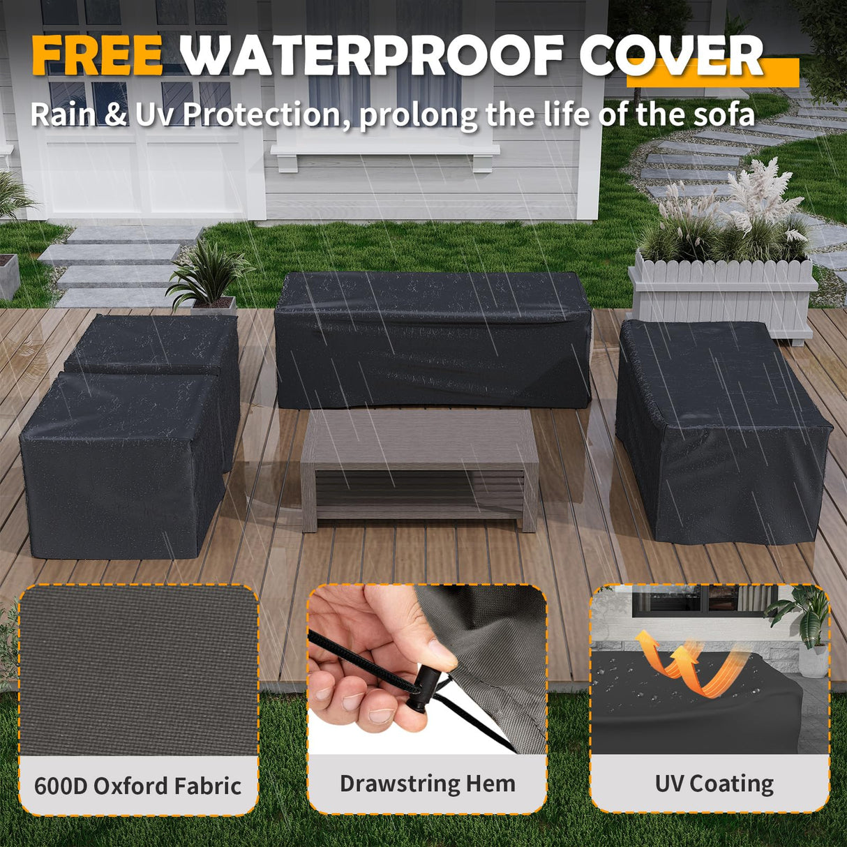 Amopatio Aluminum Patio Furniture Set, 8 Pieces Modern Metal Outdoor Furniture, Faux Wood Grain Finish Frame Patio Sofa Sets with 6" Cushion for Backyard, Dark Grey (Included Waterproof Covers) Amopatio