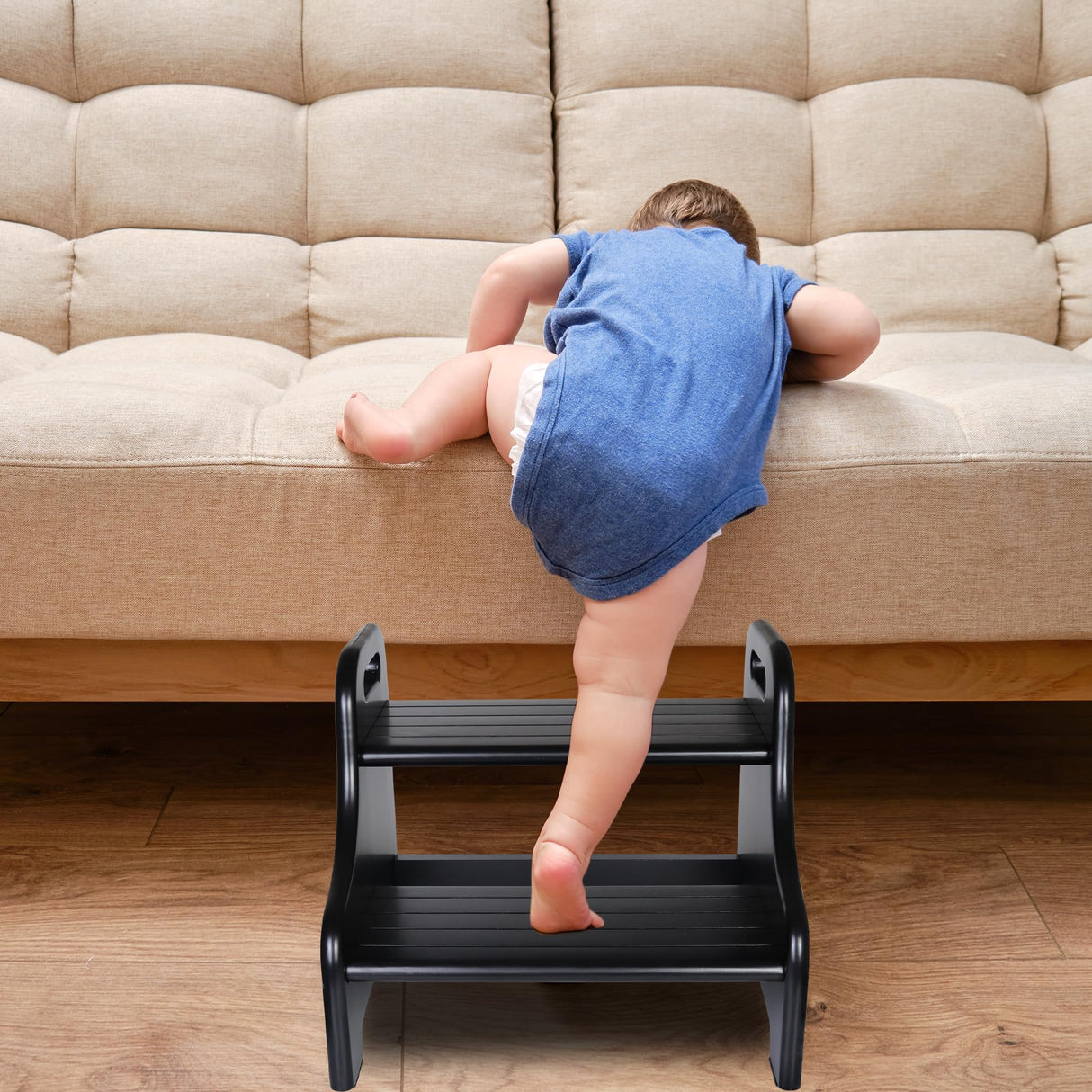 Acacia 2-Step Stool for Kid, Toddler Wood Step Ladder with 2 Handles, Safe Non-Slip Bottom, Rounded Corners, Supports up to 300 lbs, Perfect for Bathroom Bedroom (Black) Demigo