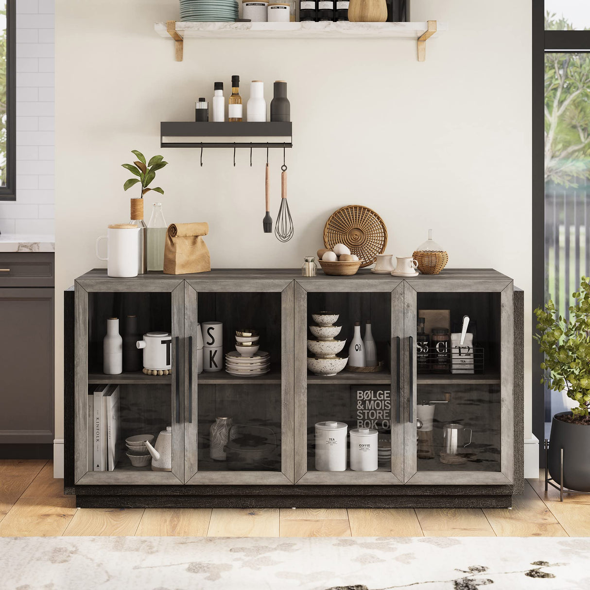 BELLEZE Sideboard Buffet Cabinet, Modern Wood Glass-Buffet-Sideboard with Storage, Console Table for Kitchen, Dining Room, Living Room, Hallway, or Entrance - Brixston (Grey) BELLEZE