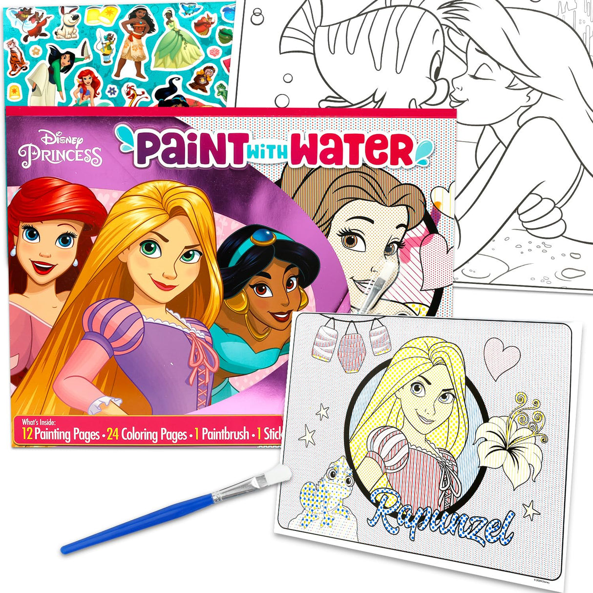Disney Princess Paint with Water Set for Kids, Toddlers Age 3+ - Bundle with 36 Page Cute Cartoon Mess-Free Water Coloring Book for Ages 3 4 5 6 7 8 and More | Disney Princess No-Mess Arts and Crafts Disney