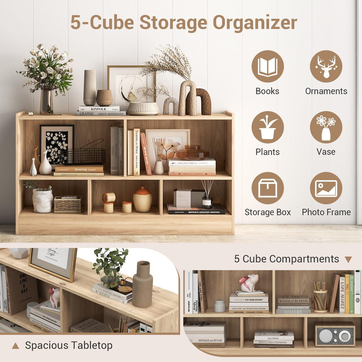 Multi-functional 5 Cube Open Shelf Bookcase with Natural Finish for Versatile Storage LOKO