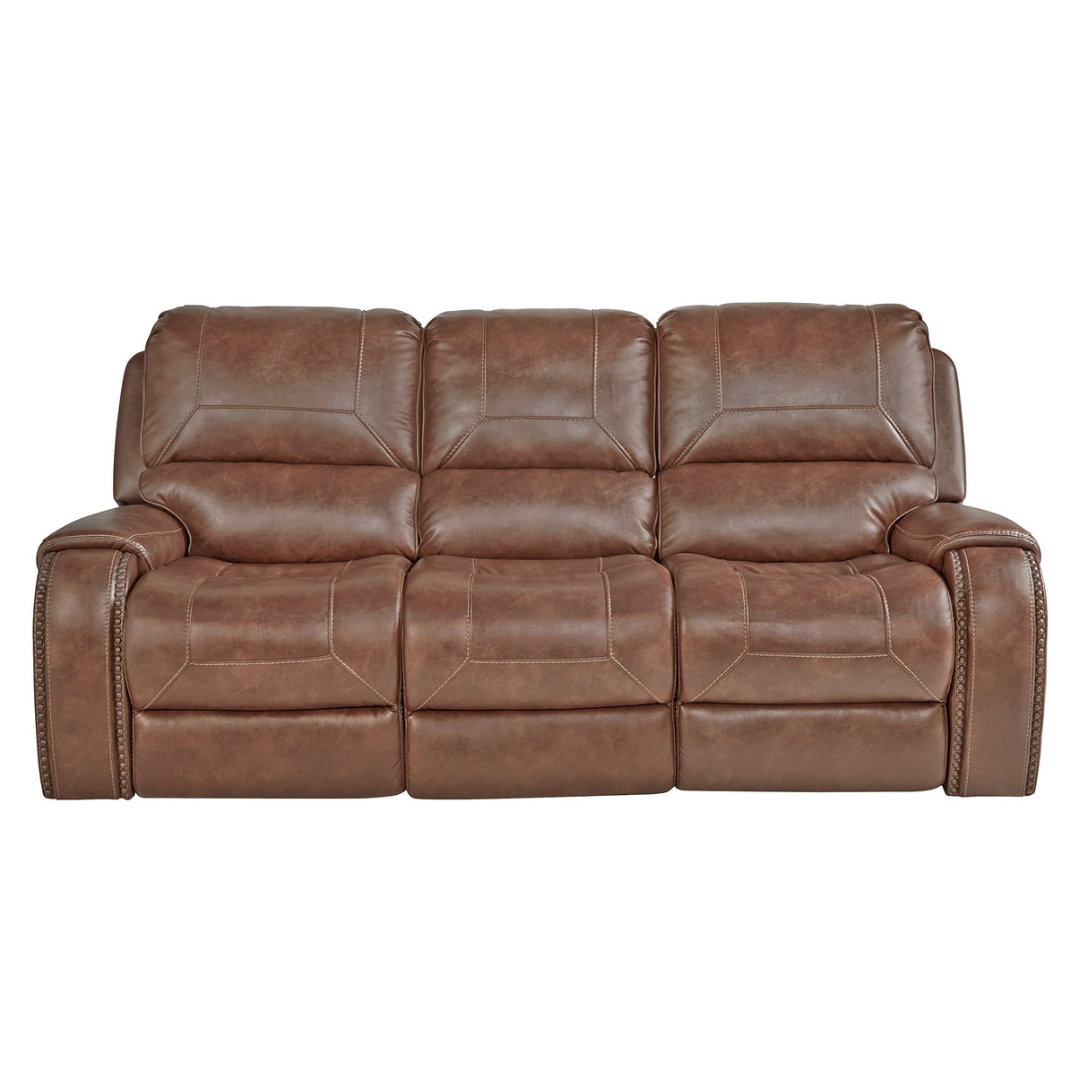 Roundhill Furniture Achern Brown Leather-Air Nailhead Manual Reclining Sofa and Loveseat with Storage Console and USB Port Roundhill Furniture