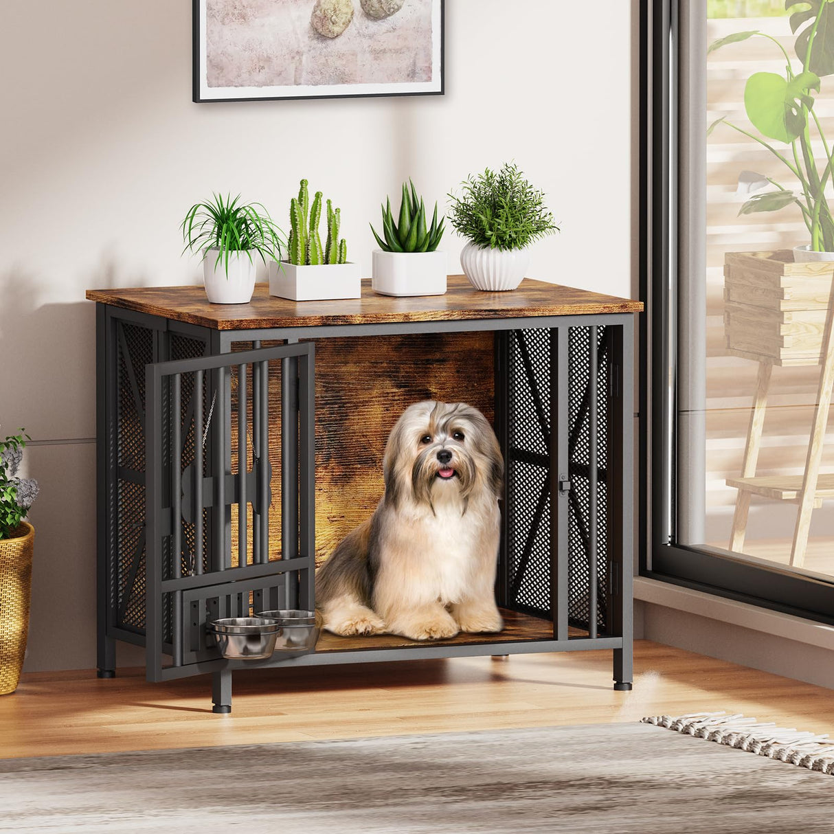 Easycom Dog Crate Furniture, 31.5" Assembly-Free Dog Crates for Small & Medium Dogs, Foldable Dog Kennel Indoor with Tag & Adjustable Dog Bowls, Wooden Dog Cage Use as End Table, Rustic Brown EasyCom