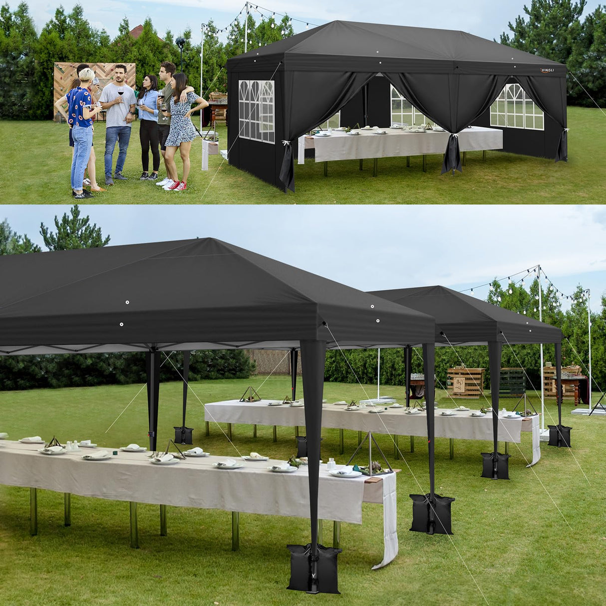 VINGLI 10x20 ft Pop Up Canopy Tent with 6 Sidewalls, Canopy 10x20 with Carry Bag, Outdoor Gazebo Canopy Tent Camping Tent, Patio Event Tent Outdoor Canopy Commercial Canopy(Black) VINGLI