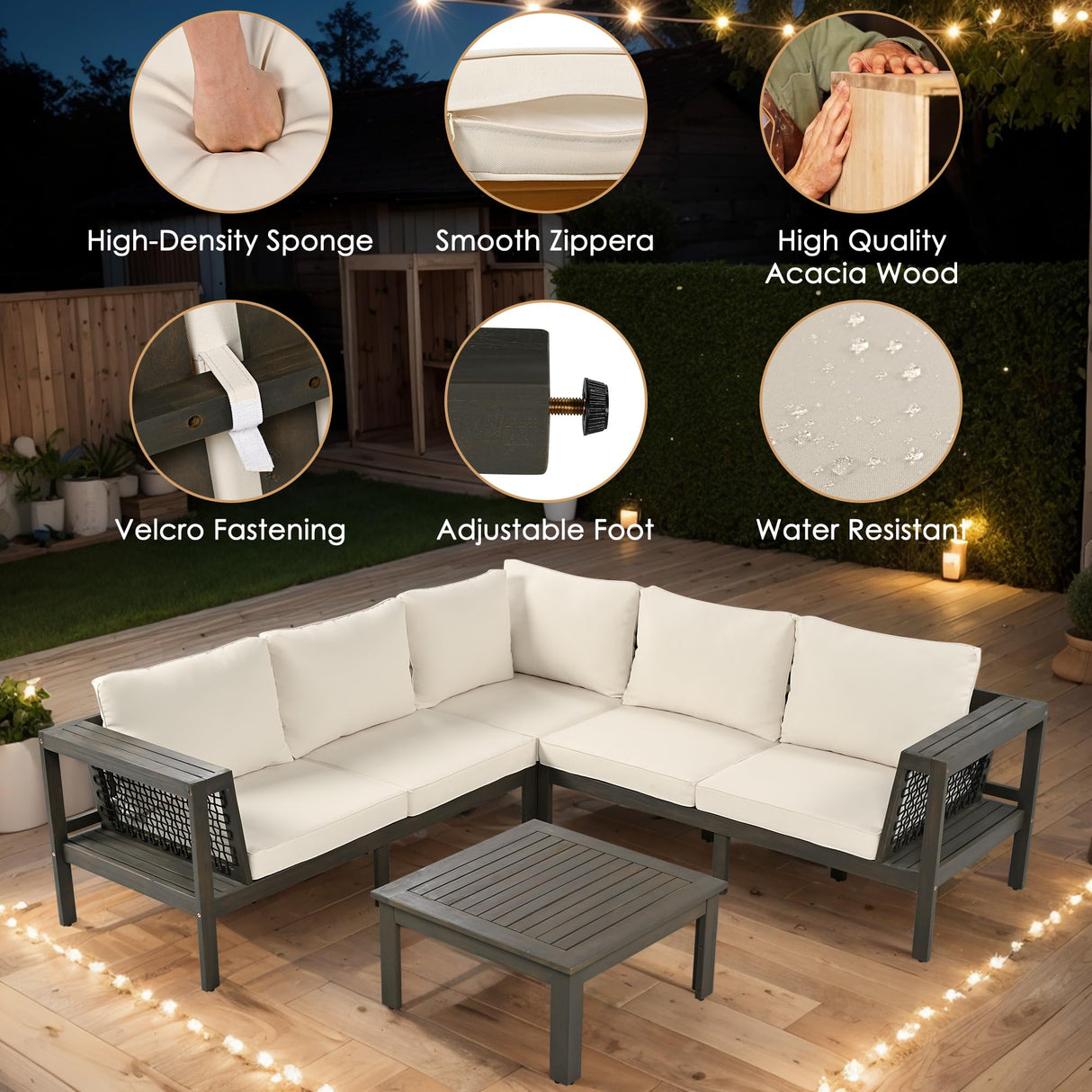 Merax 4 Pieces Patio Furniture Set, Outdoor L-Shaped Sectional Sofa Set with Coffee Table, Acacia Wood Conversation Seating & Thick Cushions and Side Table, for Garden, Poolside and Backyard, Beige Merax