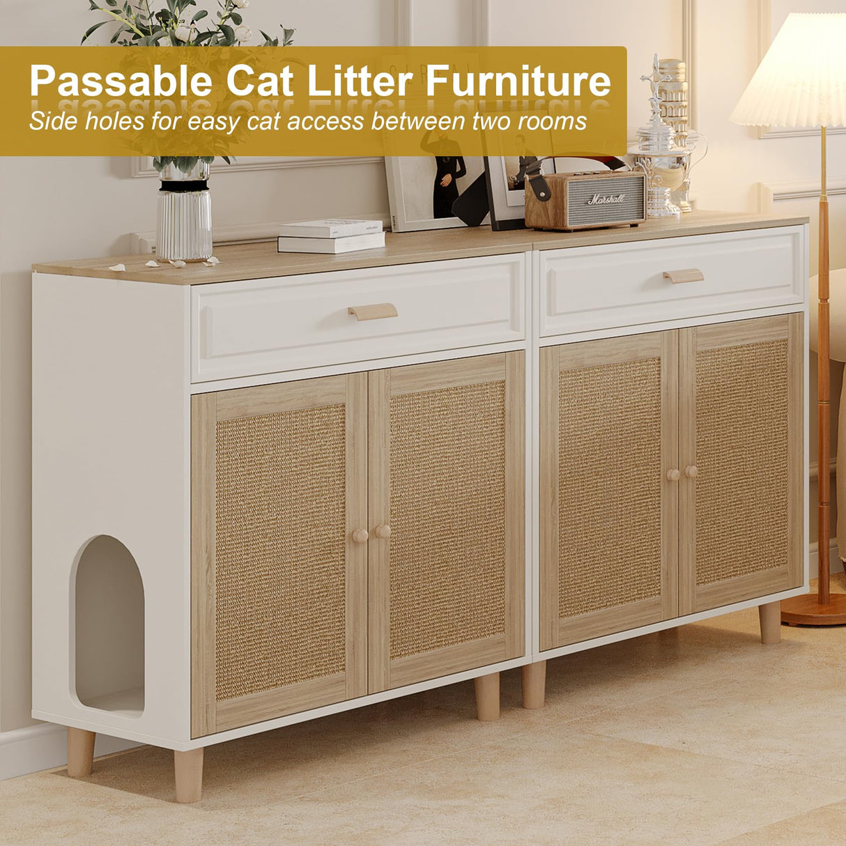 Cat Litter Box Enclosure Furniture Hidden Indoor 2-in-1 Wooden Cat House & Washroom Cabinet with Scratching Board Doors and Drawer, 31.5"x15.7"x34.6"H Faceket