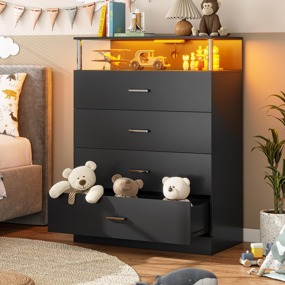 AOGLLATI Dresser for Bedroom with Column Design, 4 Drawer Dresser with Charging Station, Modern Bedroom Led Tall Black Dresser for Bedroom Closet AOGLLATI