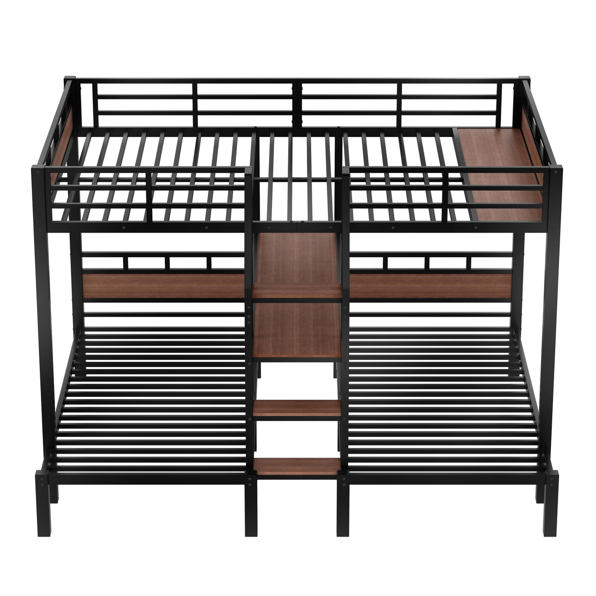 KEIKI Queen Over Twin Over Twin Metal Bunk Bed with Storage Shelves and Stairs, Triple Decker Bunk Bed Frame, Space Saving Heavy Duty Bed with Desk Shelf for Kids Teens Adults, Black KEIKI